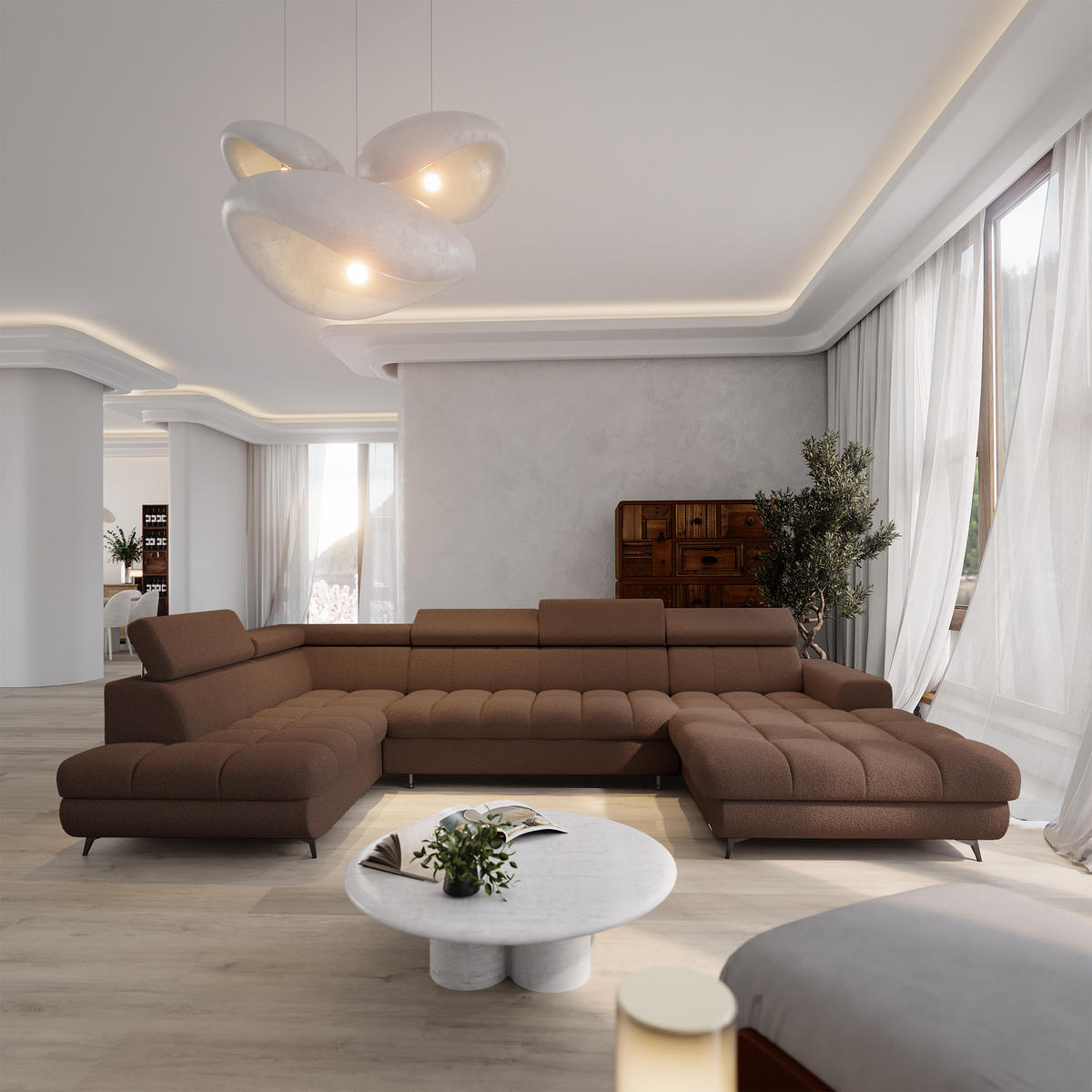 WOHNLANDSCHAFT CORENO Braun Boucle-Stoff mit Schlaffunktion - Braun, Holz (345/88/190cm) - MASSENO