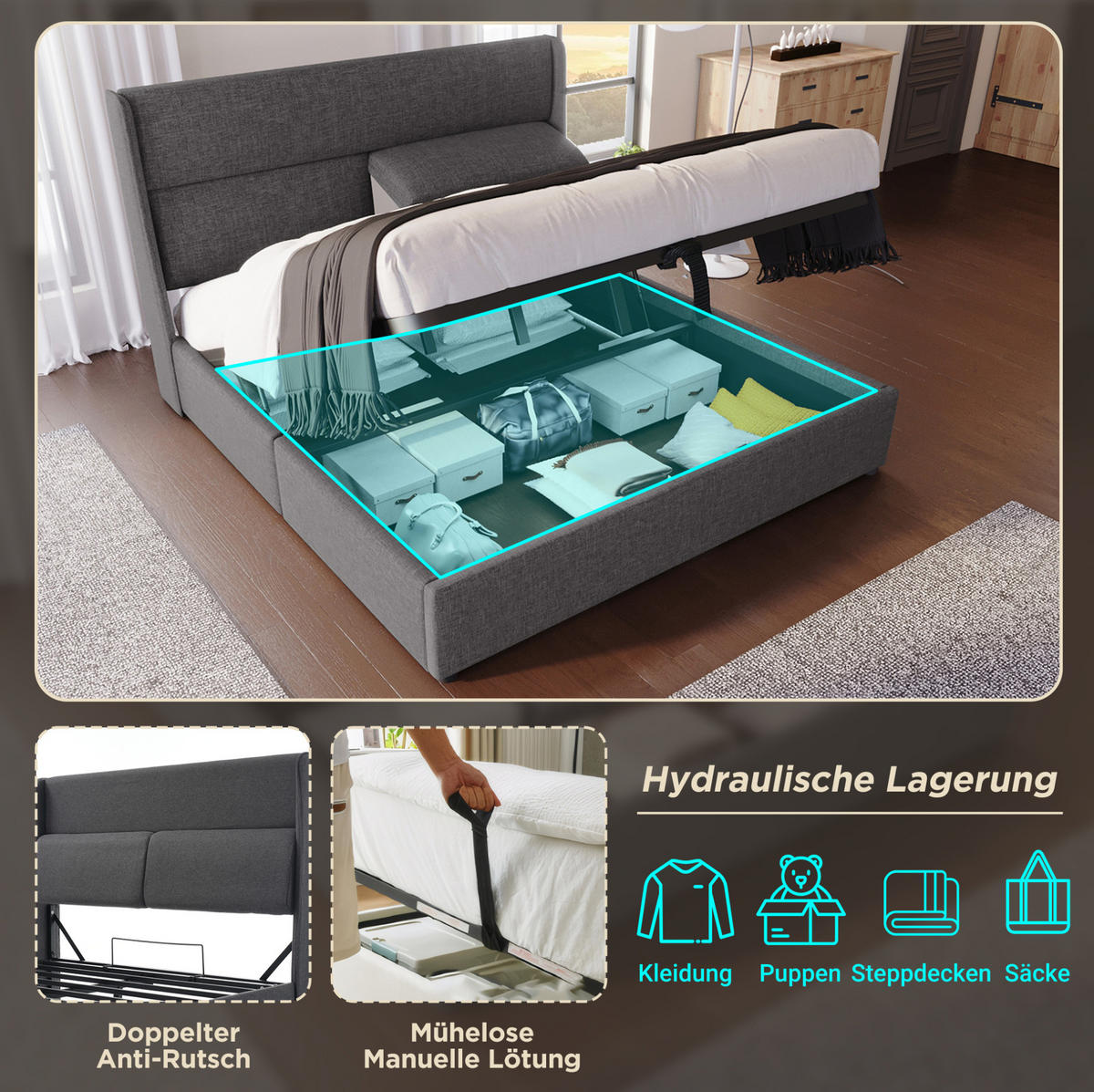 POLSTERBETT 160/200 cm Grau aus Leinen mit Stauraum - Grau, Textil (160/200cm) - OKMYHOME