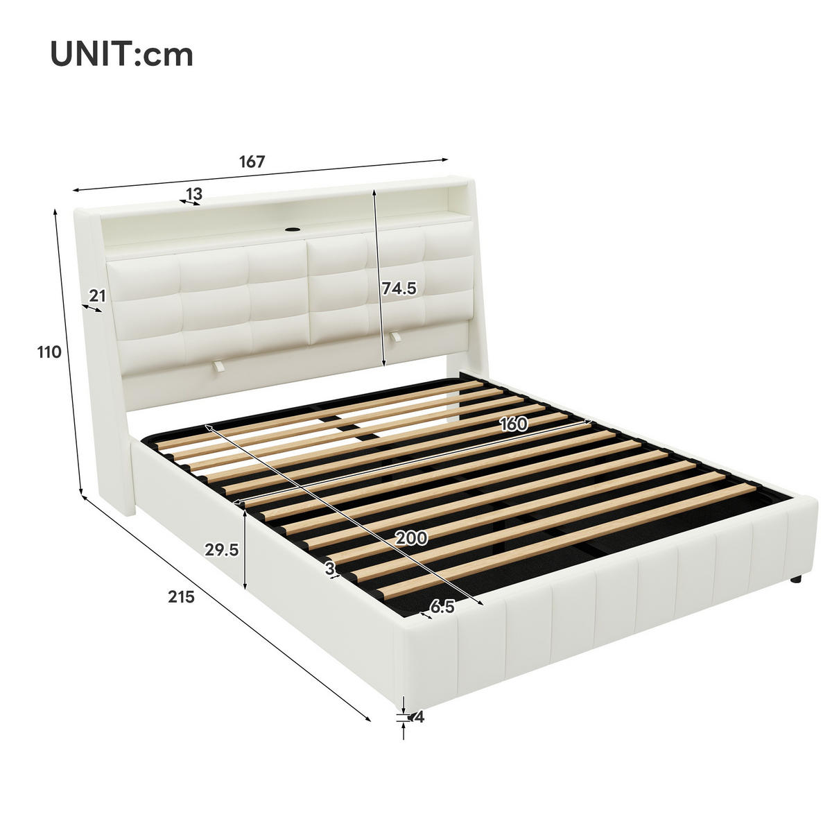 POLSTERBETT 160/200 cm Weiß aus MDF, Sperrholz und PU mit LED und USB - Weiß, Textil (160/200cm) - OKMYHOME