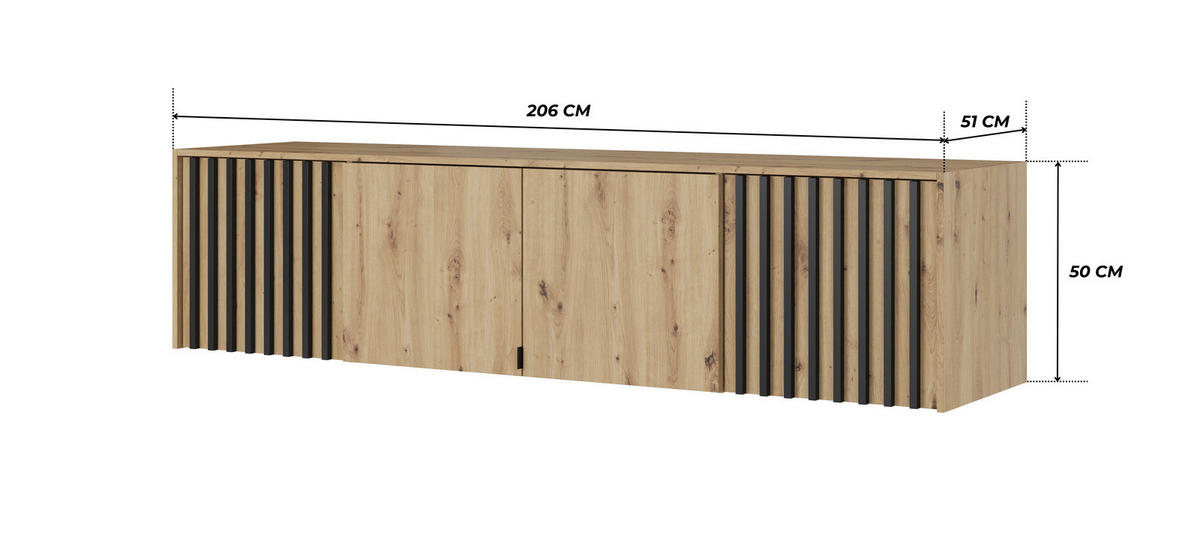 SCHRANKAUFSATZ STILO 4D 206 cm (Artisan Eiche, Schwarze Lamellen, 4 Türen, Metallgriffe) - Schwarz/Eiche Artisan, Holz/Holzwerkstoff (206/50/51cm) - Ravio
