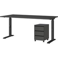 BÜROMÖBEL Set 2-teilig | Schreibtisch 160x80cm & Rollcontainer Graphit | Einstellbar 68-91 cm & Soft-Close - Schwarz, Holzwerkstoff/Metall (80/215/91cm) - KADIMA DESIGN