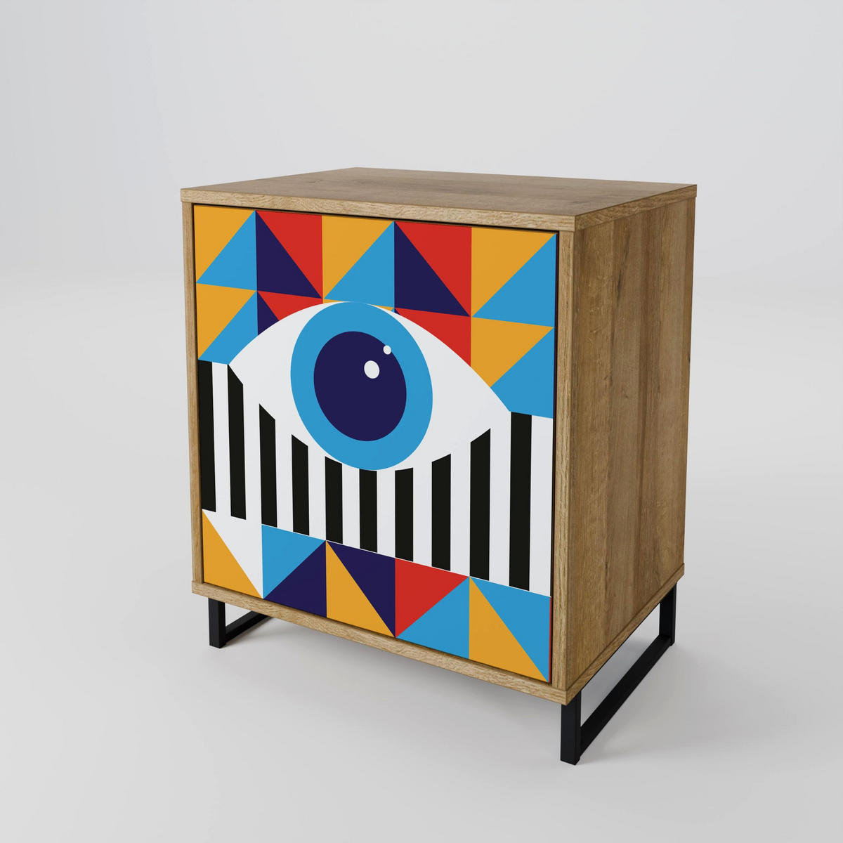 SIDEBOARD ABSTRACTION AND GEOMETRY, Eichefarben, 57,5x42x70,5 cm, Schwarze Metall-Sternfüße - Eichefarben/Multicolor, Holzwerkstoff/Metall (57.5/70.5/42cm) - SpaceRebels