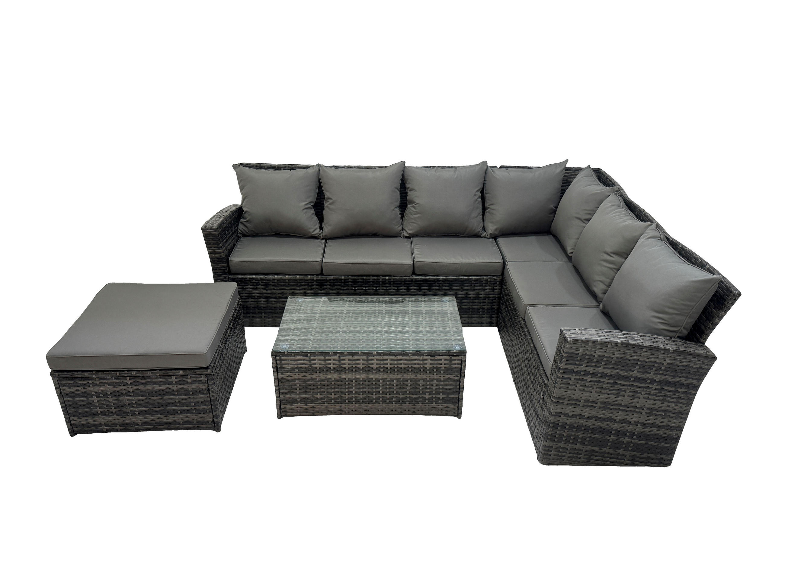 GARTENSOFA SET Hohe Rückenlehne Polyrattan Dunkelgrauer Mix 7-Sitzer - Dunkelgrau/Grau, Glas/Kunststoff - Fimous