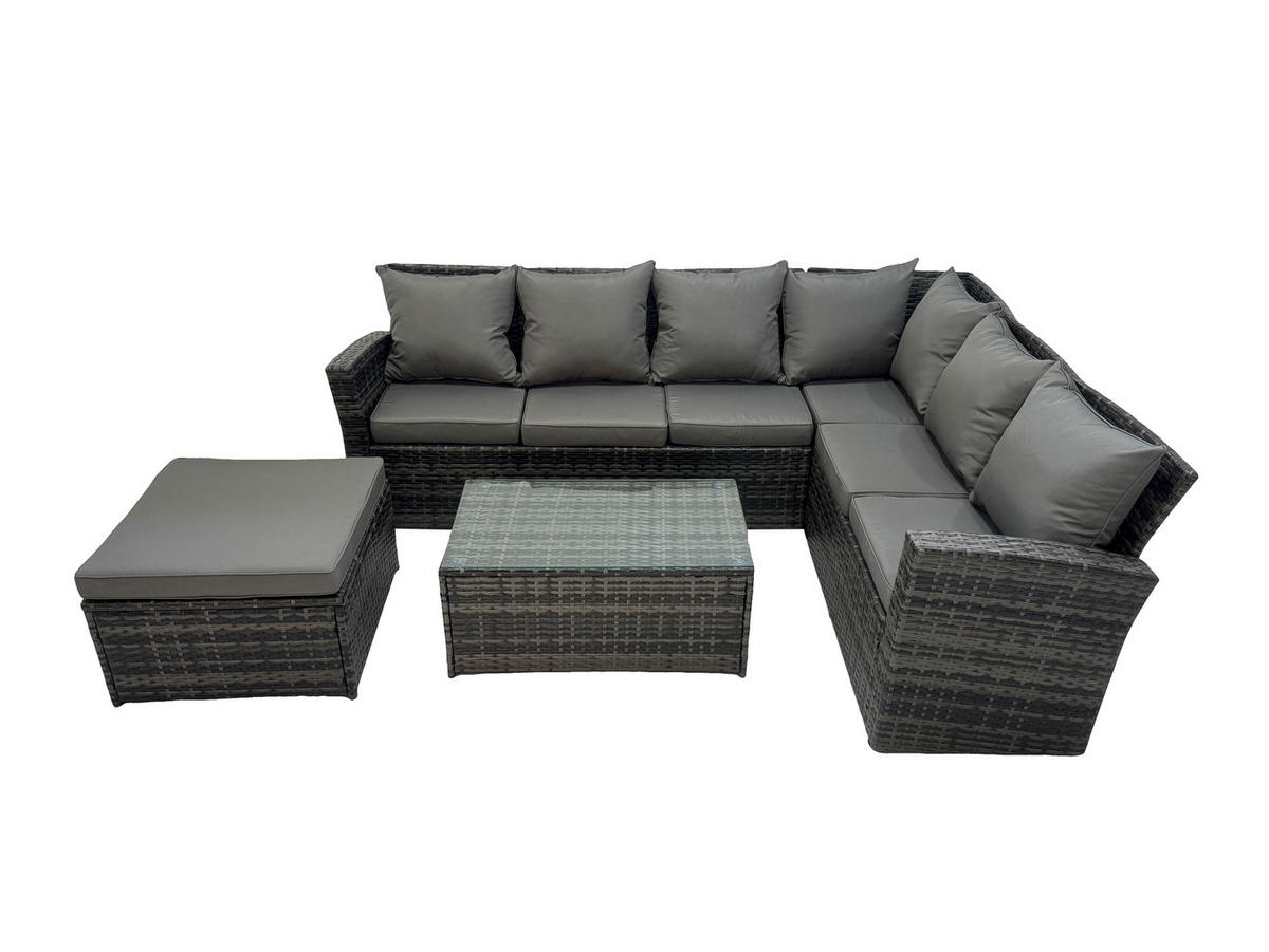 GARTENSOFA SET Hohe Rückenlehne Polyrattan Dunkelgrauer Mix 7-Sitzer - Dunkelgrau/Grau, Glas/Kunststoff - Fimous
