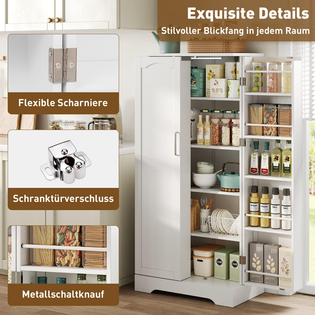 ANRICHTE mit 2 Türen, LED-Beleuchtung und verstellbaren Einlegeböden, 60 x 35 x 128 cm, Weiß, MDF - Weiß, Holzwerkstoff (60/128/35cm) - SONNENH