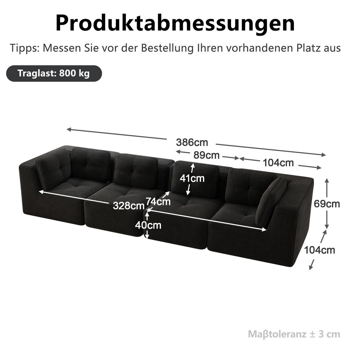 4-SITZER-SOFA DE-34220 mit Tiefsitz Schwarz - Schwarz, Textil (104/69/386cm) - ComfortXL
