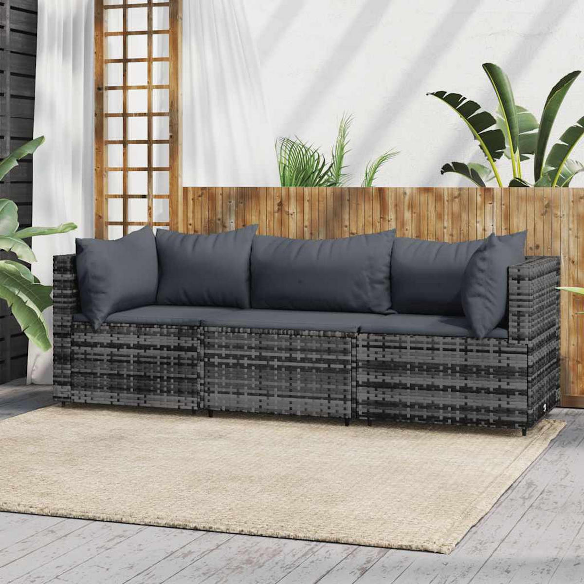 GARTEN-LOUNGE-SET 3-teilig Mit Kissen Grau Poly Rattan - Grau, Kunststoff (63/57.5/63cm) - vidaXL