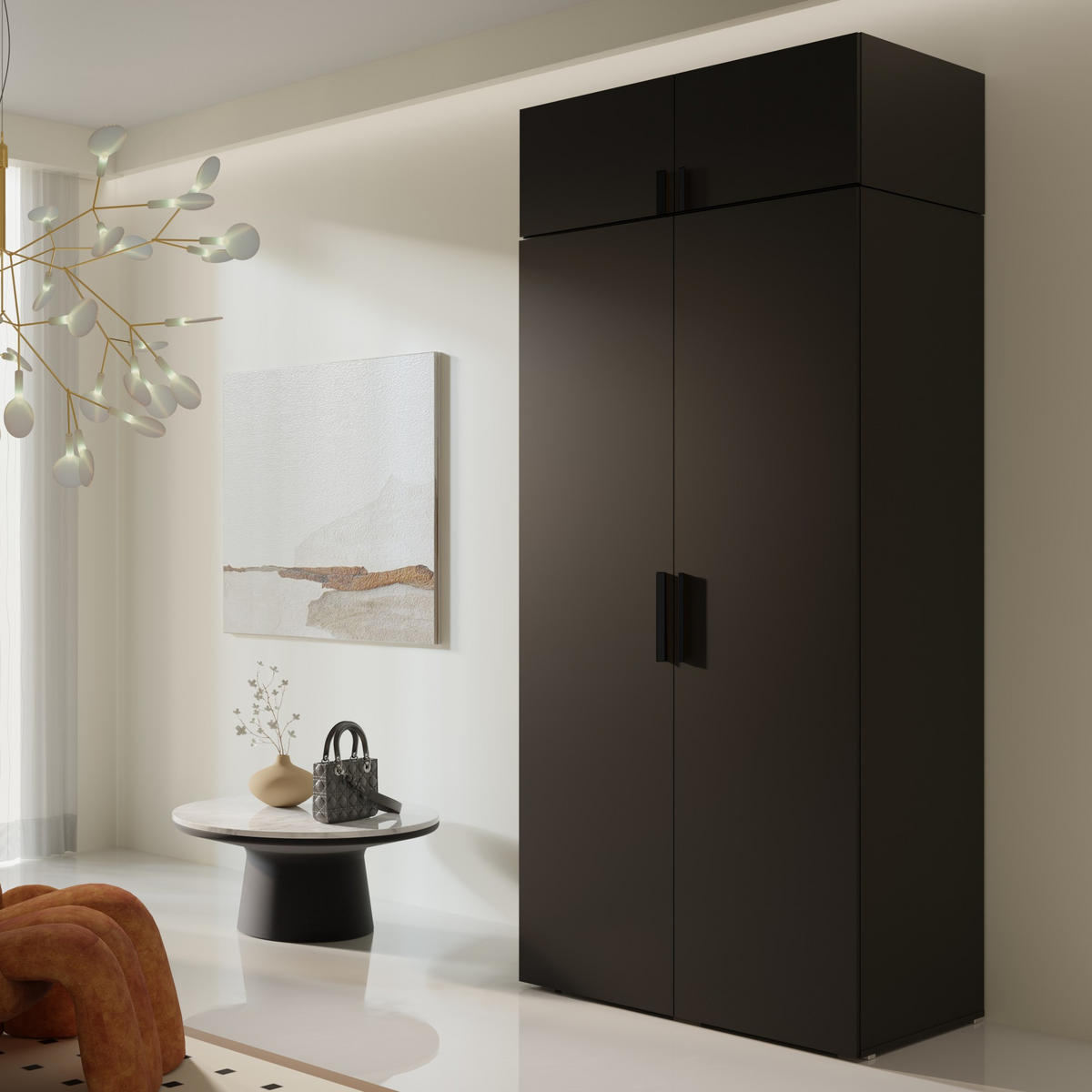 DREHTÜRENSCHRANK mit Aufsatz Napoli 2D 100 Schwarz (schwarzer oder goldener Griff) - Silberfarben/Schwarz, Holzwerkstoff/Kunststoff (100/35/60cm) - mzm24