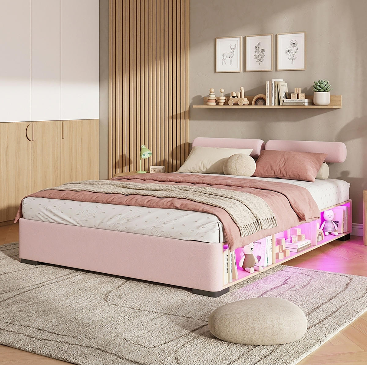 POLSTERBETT Rosa 140/200 cm mit LED und Stauraumfächern ohne Matratze - Pink, Textil (140/200cm) - MIVRAY