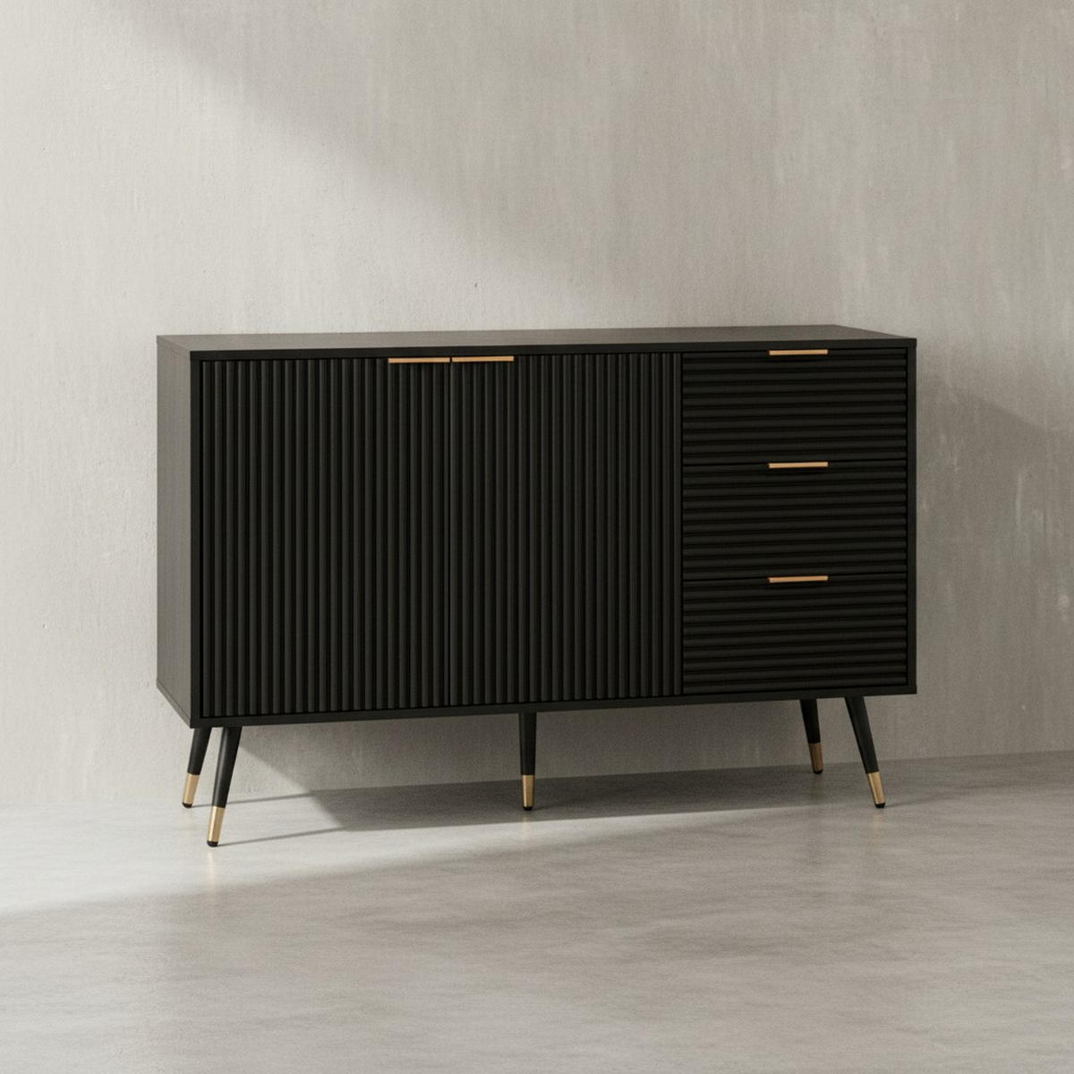 SIDEBOARD – Schwarz/Eiche-Dekor, 120x80x40 cm, mit Türen und Schubladen, Metallbeine - Goldfarben/Schwarz, Holzwerkstoff/Metall (120/80/40cm) - KADIMA DESIGN