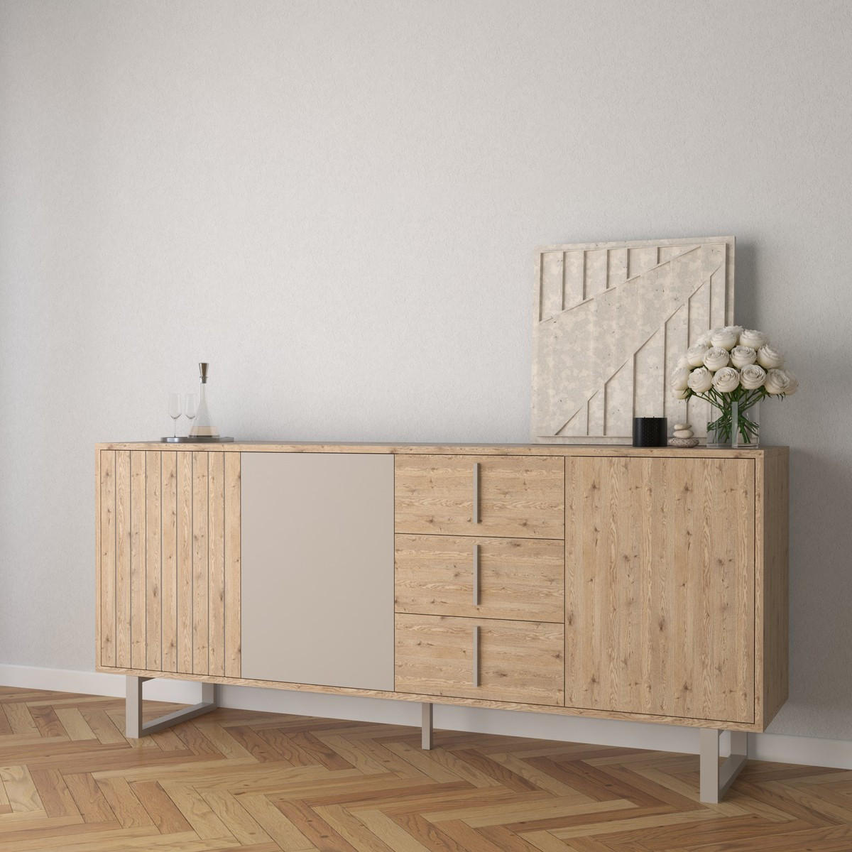 SIDEBOARD 3 Türen und 3 Schubladen B180 cm - MILLAY - Grau, Holz (40/80/180cm) - Calicosy