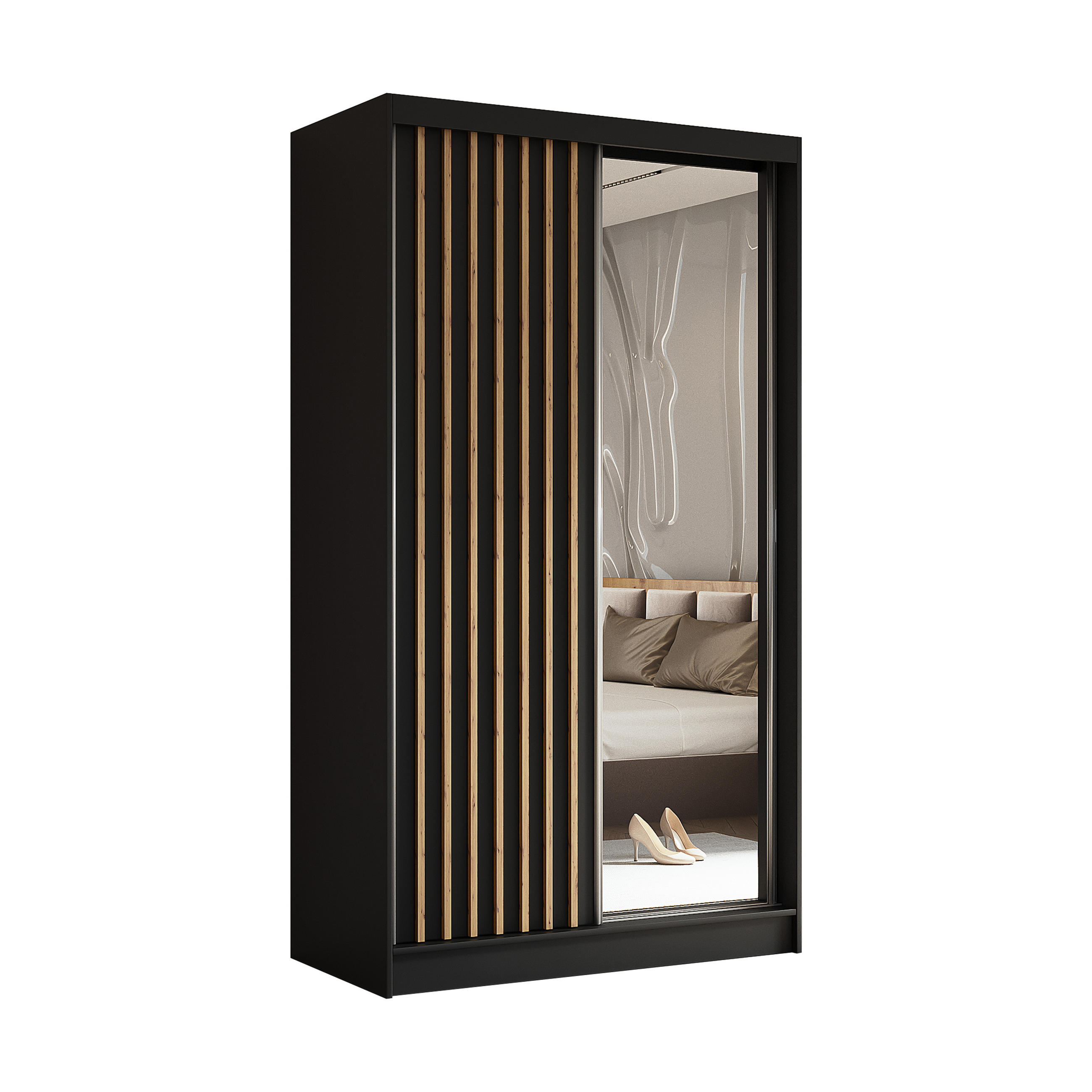 SCHWEBETÜRENSCHRANK LAMELLO 120/216/61 cm 2-türig mit Spiegel Schwarz - Schwarz, Holzwerkstoff (120/216/61cm) - MASSENO