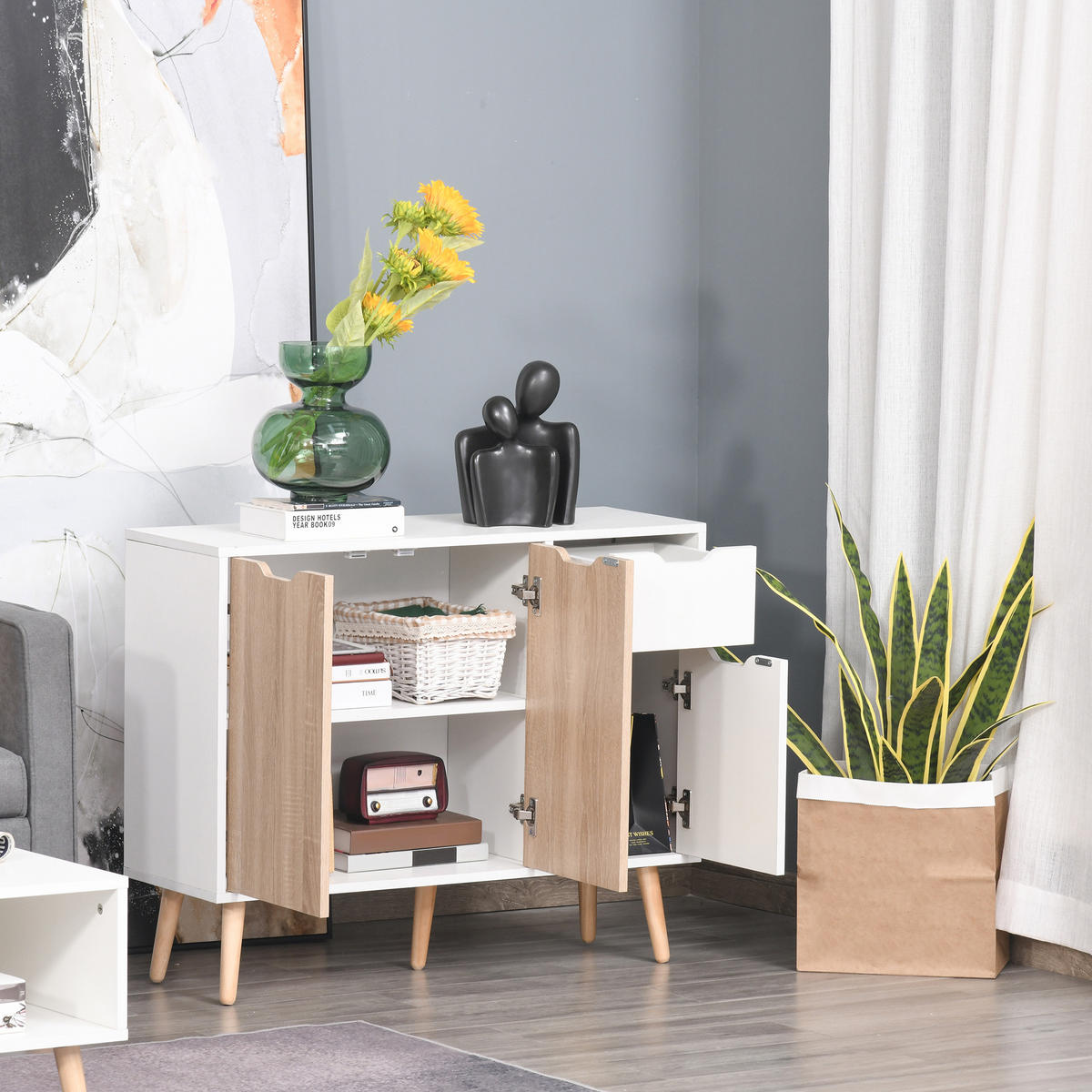 SIDEBOARD Weiß und Eichefarben 90/30/72 cm - Weiß, Holz (90/72/30cm) - PANGIVO