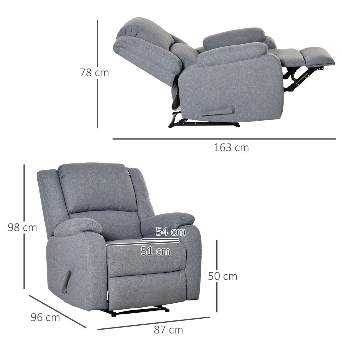 RELAXSESSEL mit Liegefunktion Fernsehsessel TV-Sessel mit Seitentasche Hellgrau - Hellgrau/Schwarz, Textil/Metall (96/98/87cm) - HOMCOM