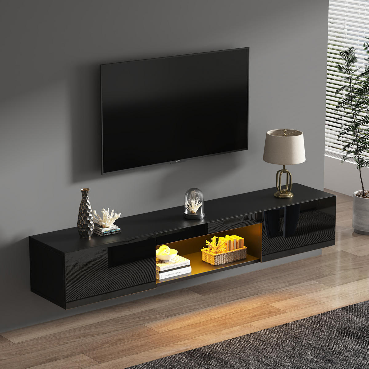 TV-ELEMENT wandhängend 160 cm Hochglanz Schwarz mit LED - Schwarz, Holzwerkstoff (31/22/160cm) - Beauniv