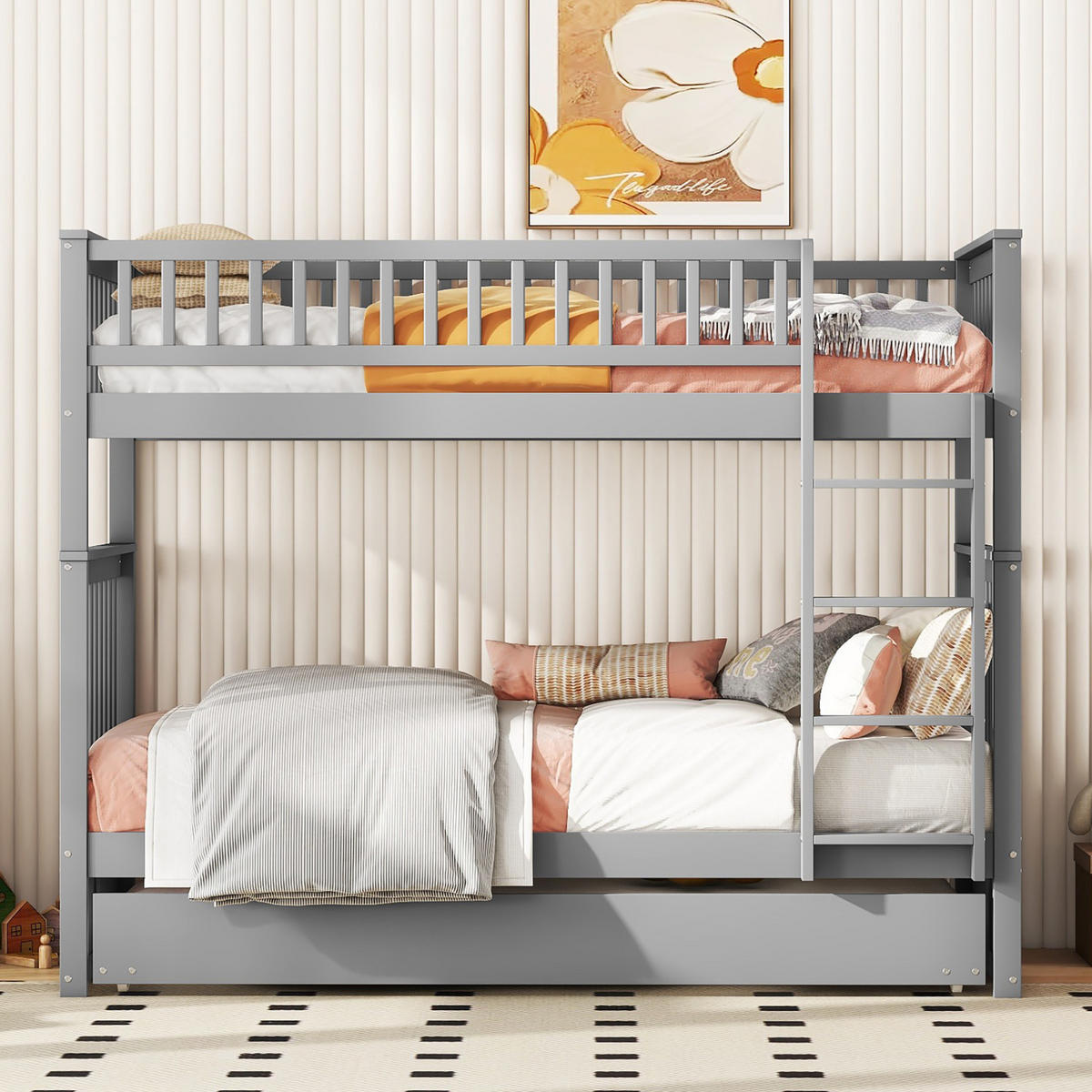 ETAGENBETT 90/200 cm in Grau mit Ausziehbett und Treppe - Grau, Holz (90/200cm) - BEAOK