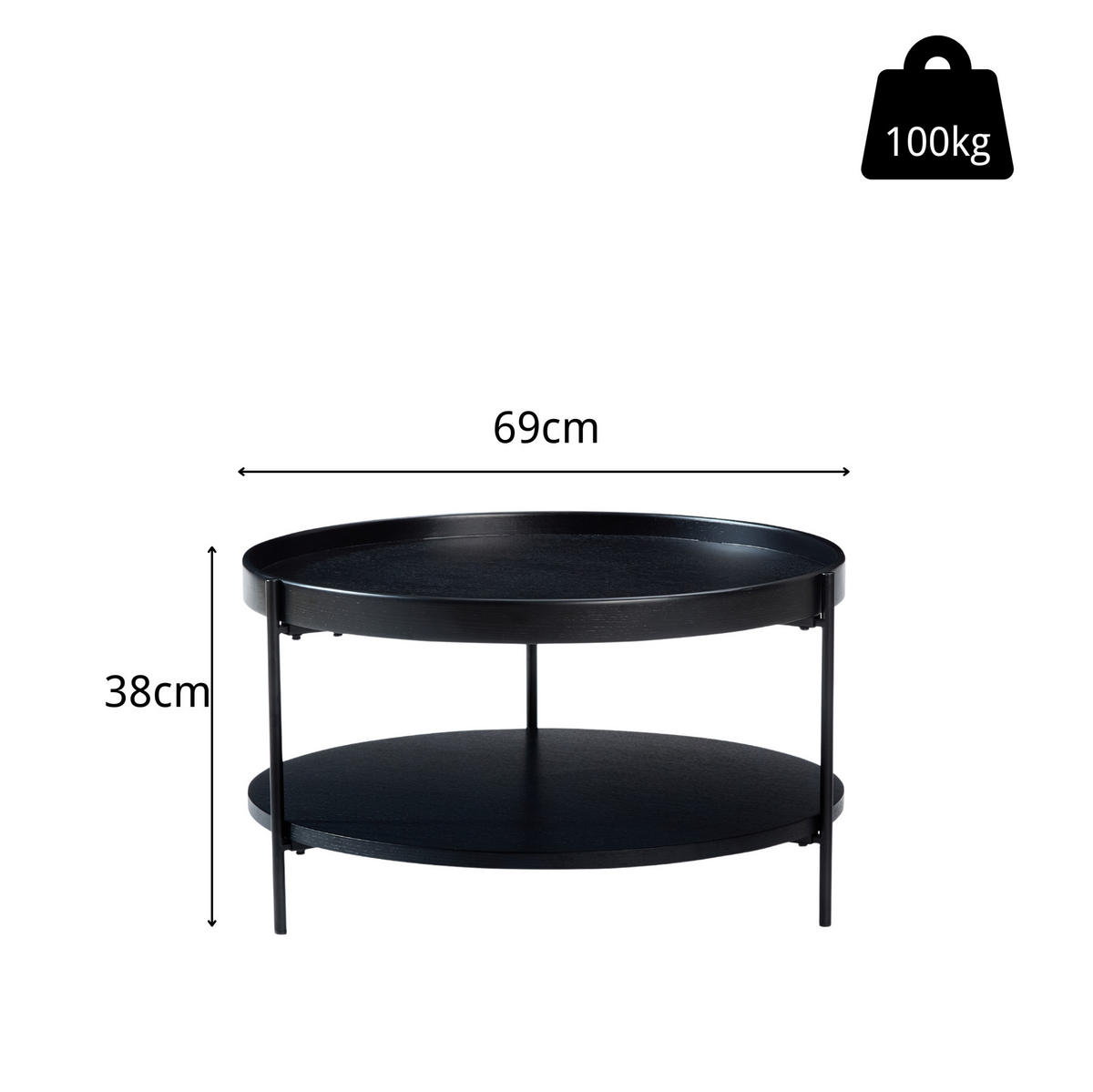 COUCHTISCH 69/69/38 cm schwarz aus Massivholz und MDF mit 2 Ebenen - Schwarz, Holzwerkstoff (69/69/38cm) - OKWISH