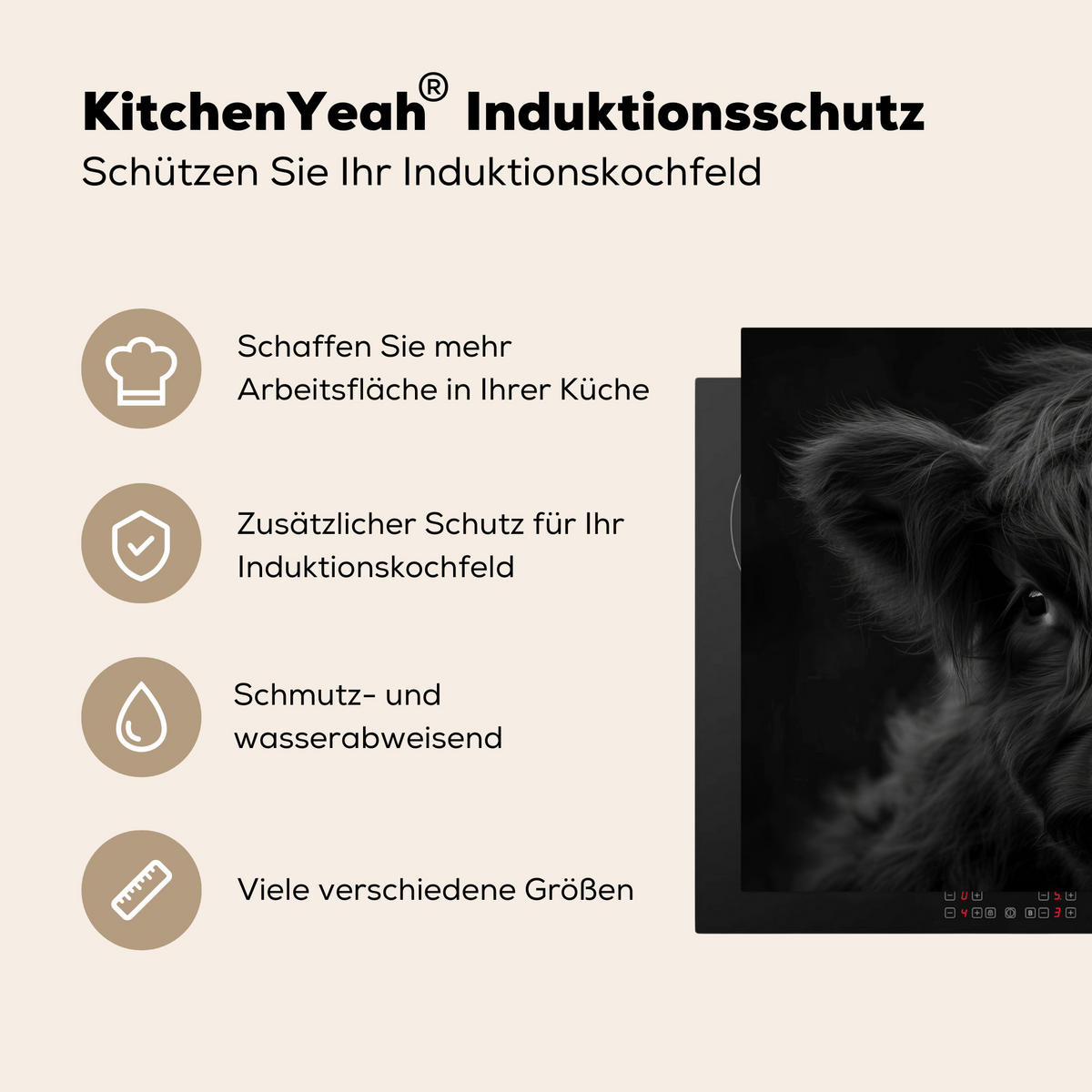 HERDABDECKPLATTE Scottish Highlander - Schwarz - Kalb - Kuh Induktionsmatte 77x51 cm - Schwarz, Kunststoff (77/51/0.2cm) - MuchoWow