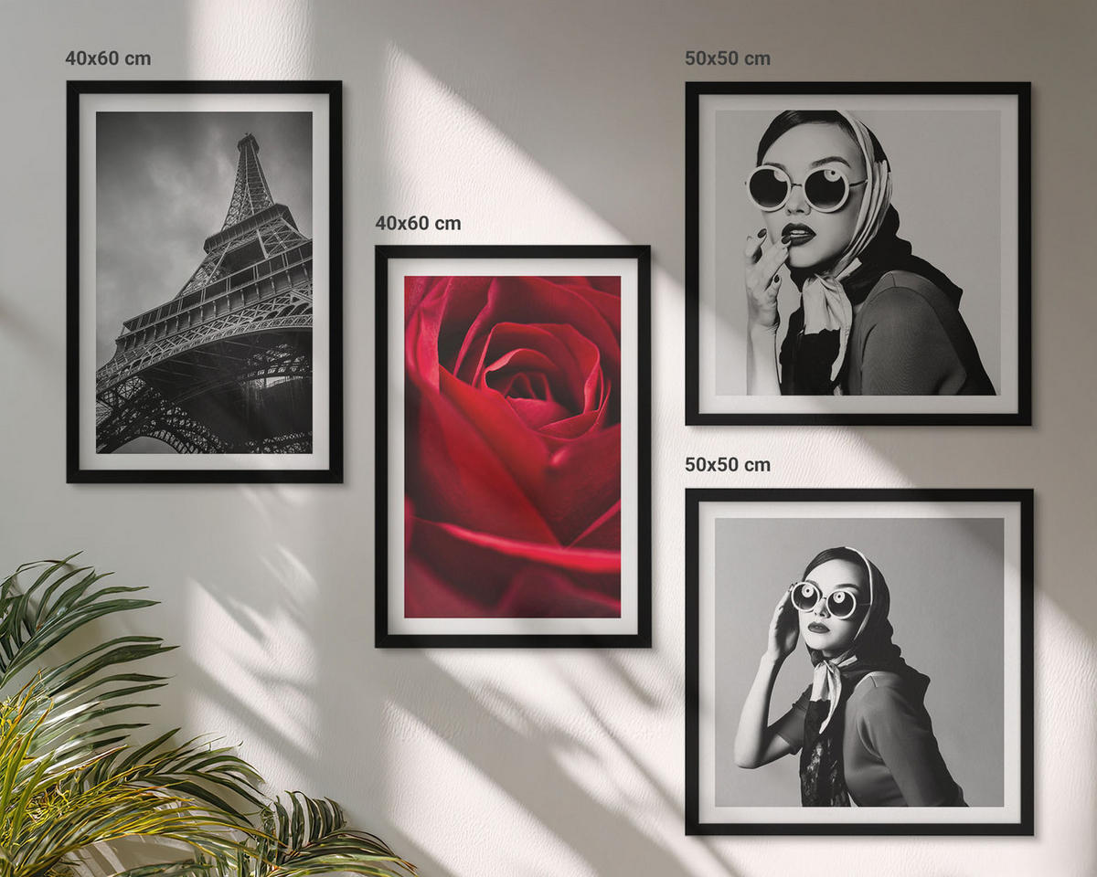 BILDER SET 4er Set - 50x50 cm & 40x60 cm Schwarzer Rahmen - Pariserin mit Eiffelturmbrille - Schwarz, Kunststoff (50/50cm) - TULUP