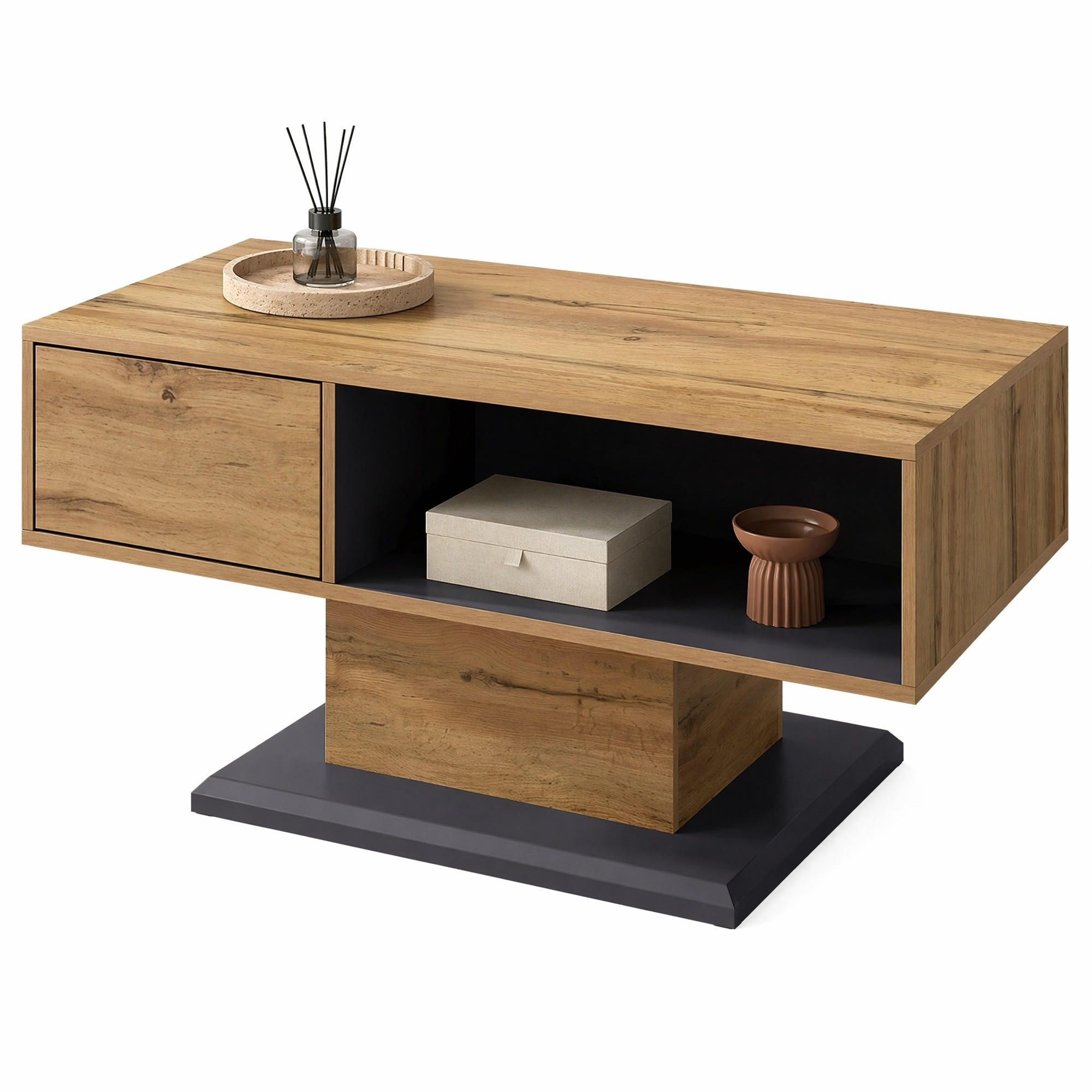 COUCHTISCH in Naturfarben mit doppelseitigem Stauraum, großem Ablagefach und Innenfach ,B100/T50/H46.5 cm - Naturfarben, Holzwerkstoff (50/100/46.5cm) - STILVORA