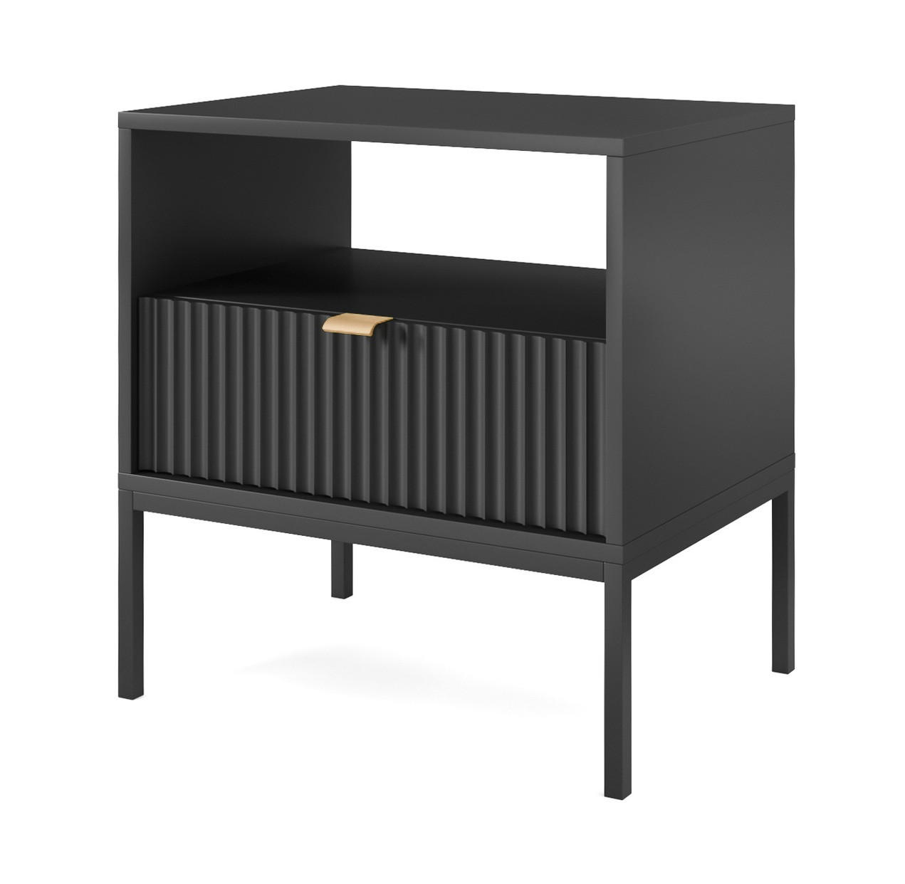 NACHTTISCH 54 cm Galla mit Schublade, Geriffelte Fronten, Schwarz - Schwarz, Holz (54/56/39cm) - Emporius