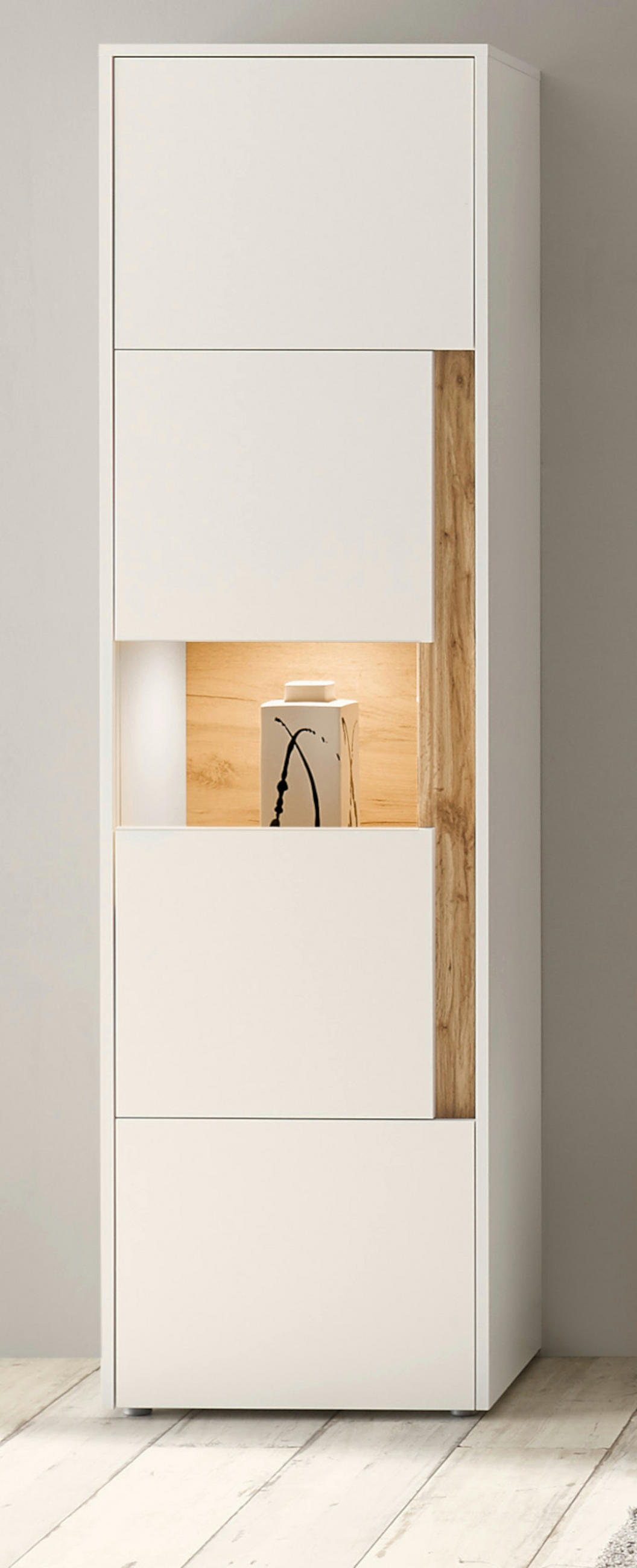 VITRINE weiß, Eiche Wotan 50 x 200 cm, Vitrinenschrank mit 5 Fächern - Eiche Wotan/Schwarz, Glas/Holzwerkstoff (50/197/40cm) - Furn.Design