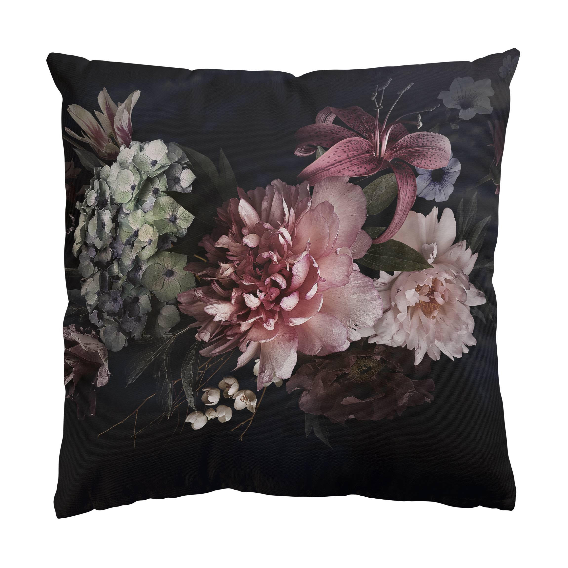 DEKOKISSEN Blumen mit Nebel auf Schwarz 40/40 cm - Schwarz, Textil (40/40/10cm) - Bilderwelten