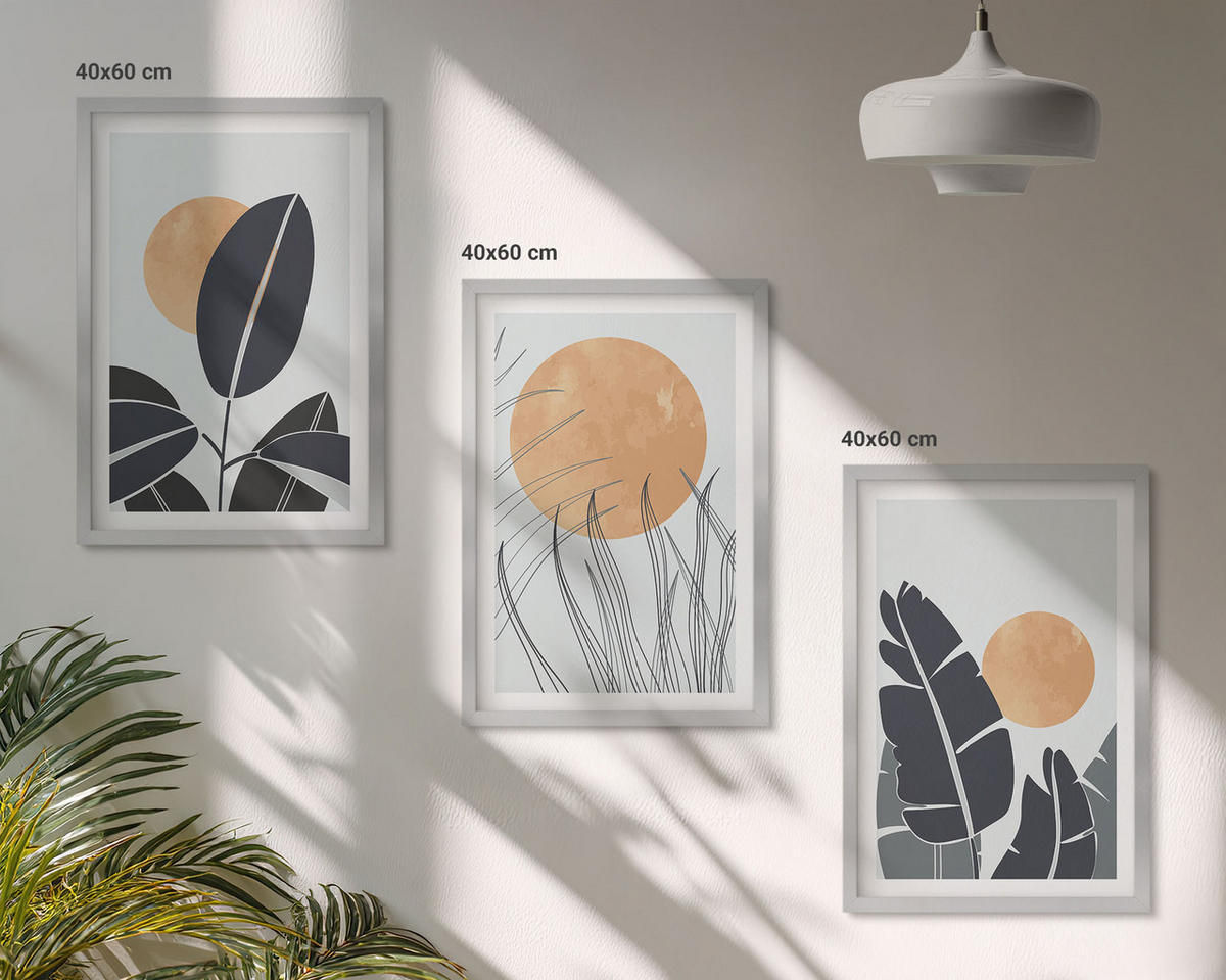 BILDER SET 3er Set - 40x60 cm Silberner Rahmen - Pflanzenmuster große Sonnen minimalistisch - Silberfarben, Kunststoff (40/60cm) - TULUP