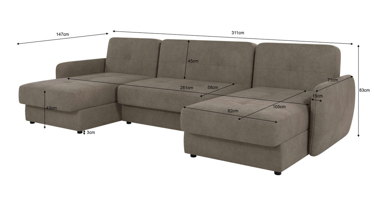 WOHNLANDSCHAFT Lupo Dunkelbeige Mikrofaser - Beige/Schwarz, Holz/Kunststoff (311/86/147cm) - S-Style Möbel