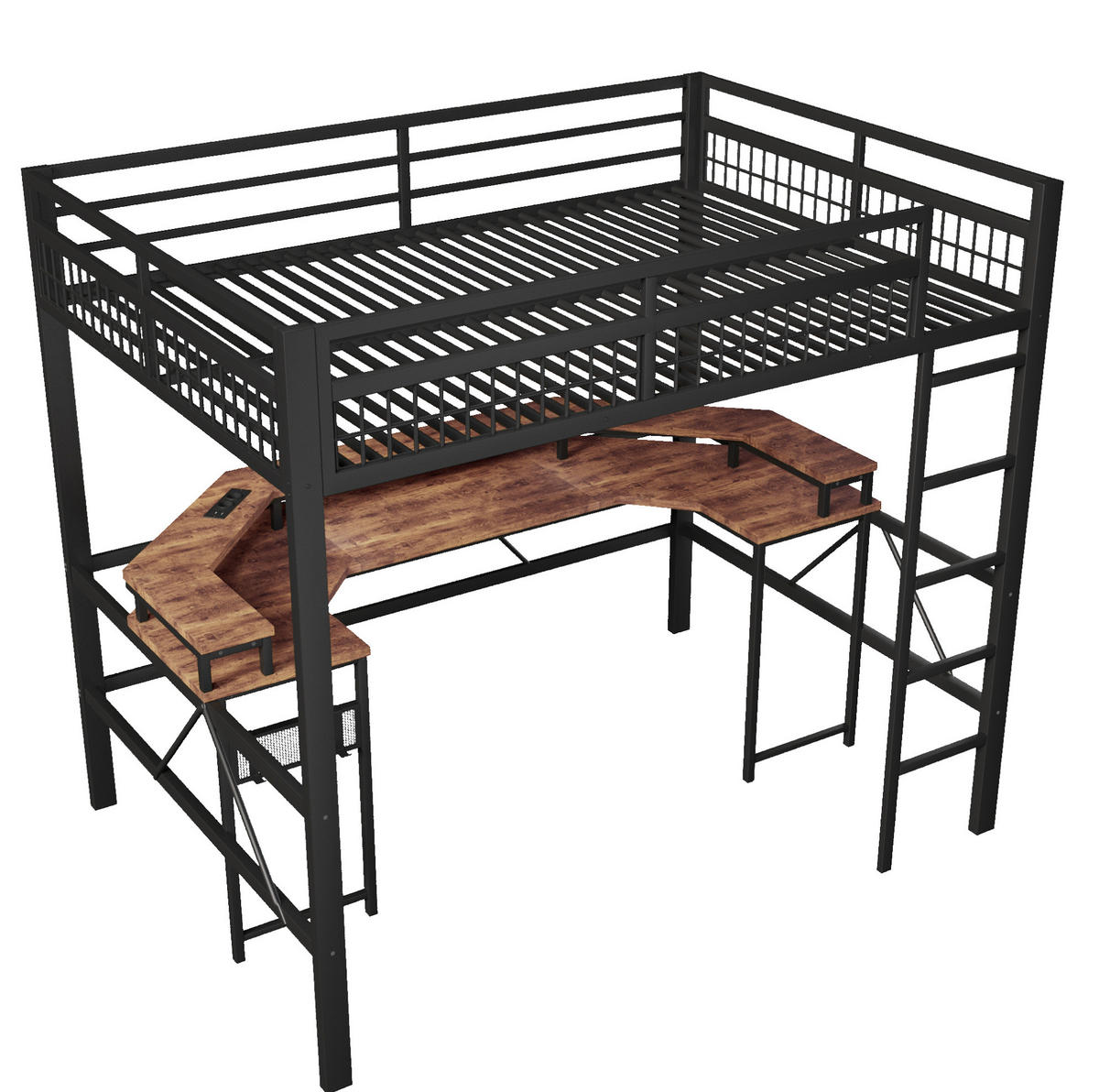 HOCHBETT 140/200 cm mit LED-Lichtleiste, Schreibtisch, USB-C und Lochwand, Schwarz - Schwarz, Metall (140/200cm) - Redom