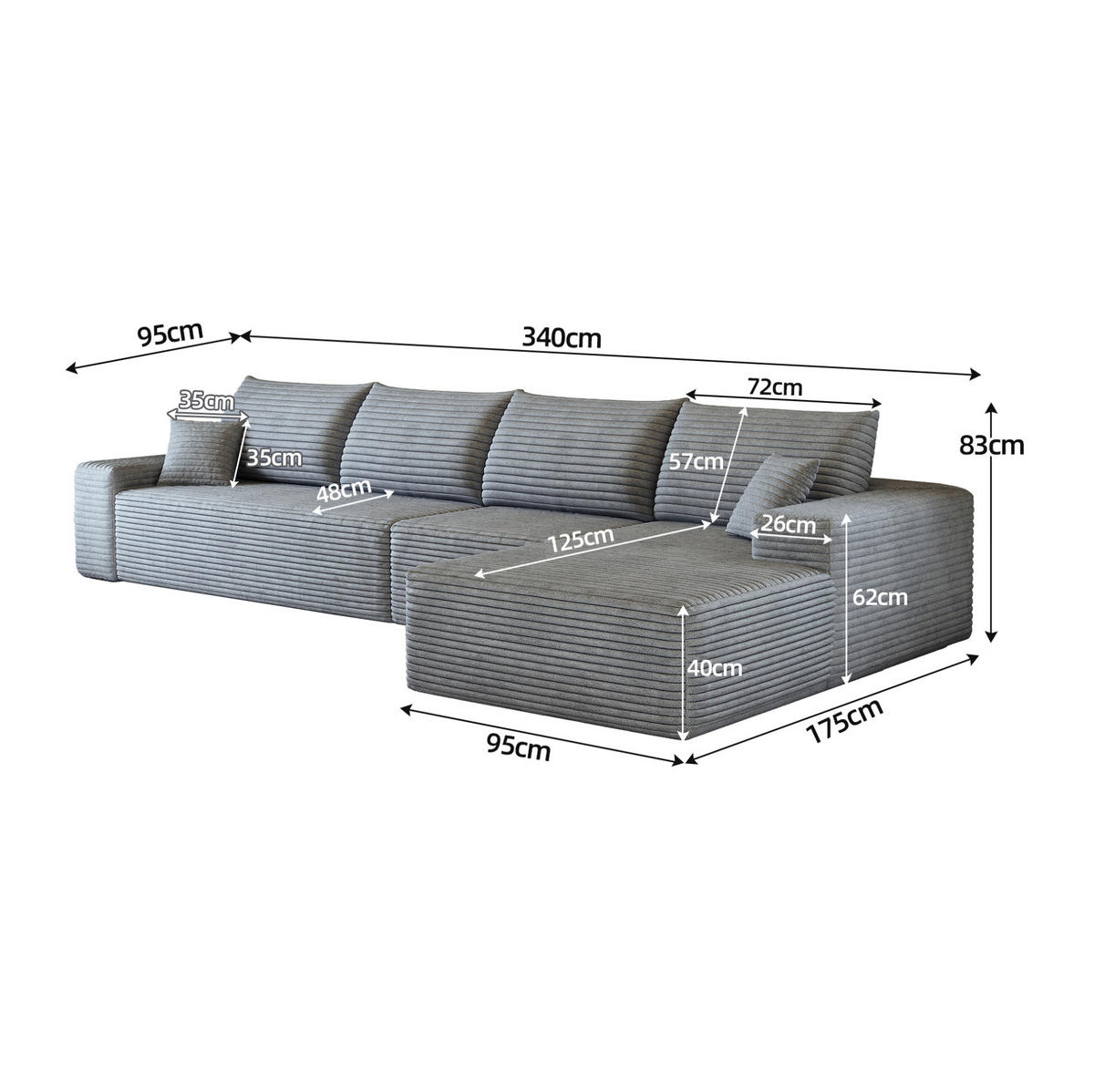 ECKSOFA 340/175/83 cm in Grau aus Cord mit L-Form - Grau, Textil (175/340cm) - Flora Grace