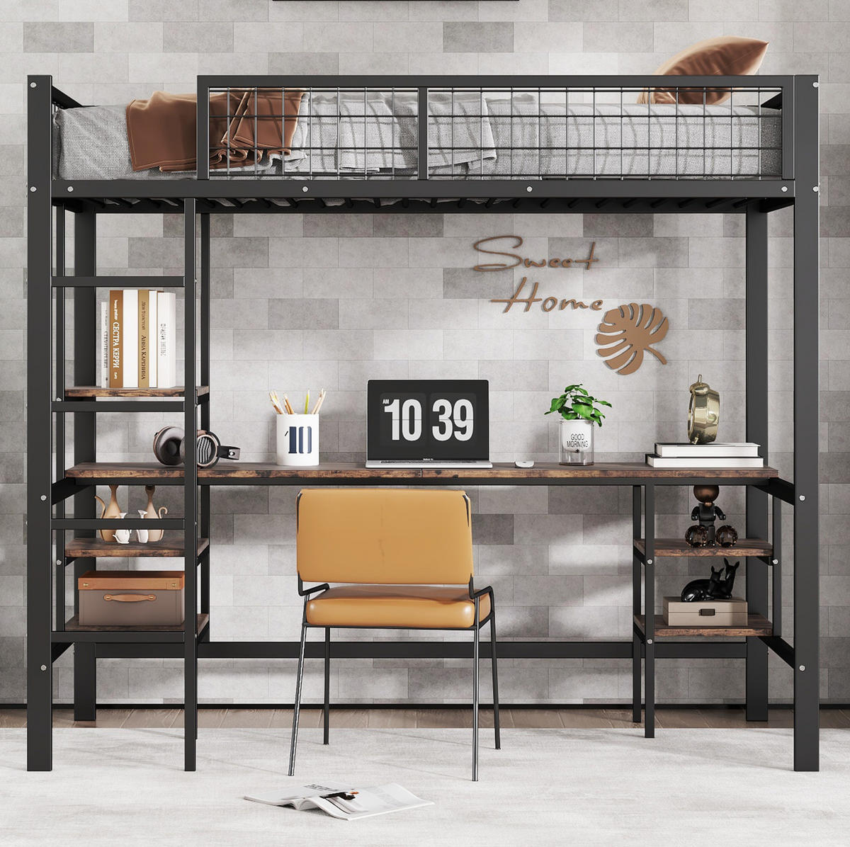 HOCHBETT 90/200 cm aus Metall und Holzwerkstoff mit Schreibtisch und Regal - Schwarz, Metall (90/200cm) - Flora Grace