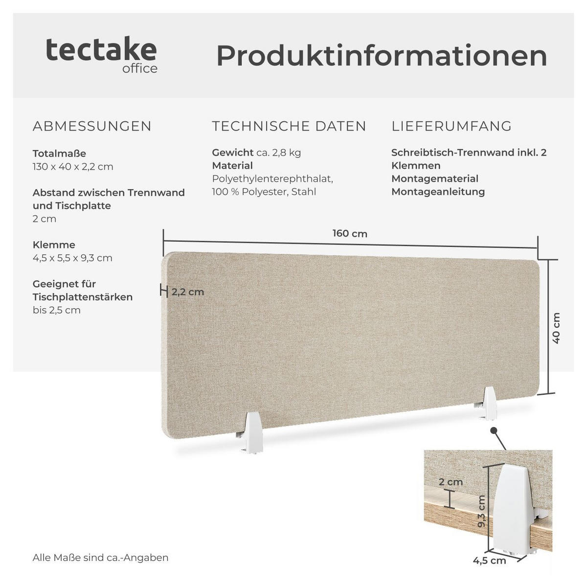TRENNWAND für Schreibtisch Noisy,inkl. 2 Befestigungsklemmen,beige - Beige, Kunststoff (2.2/160/40cm) - tectake