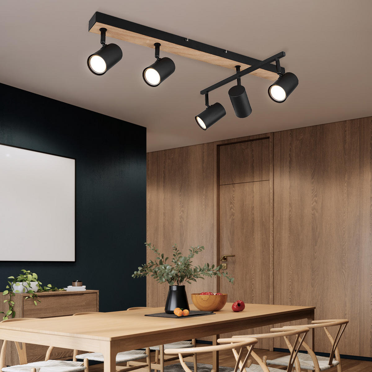 LED DECKENLEUCHTE Metall Schwarz Holzoptik 5-flammig - Schwarz, Metall (70/35/18cm) - Globo Lighting