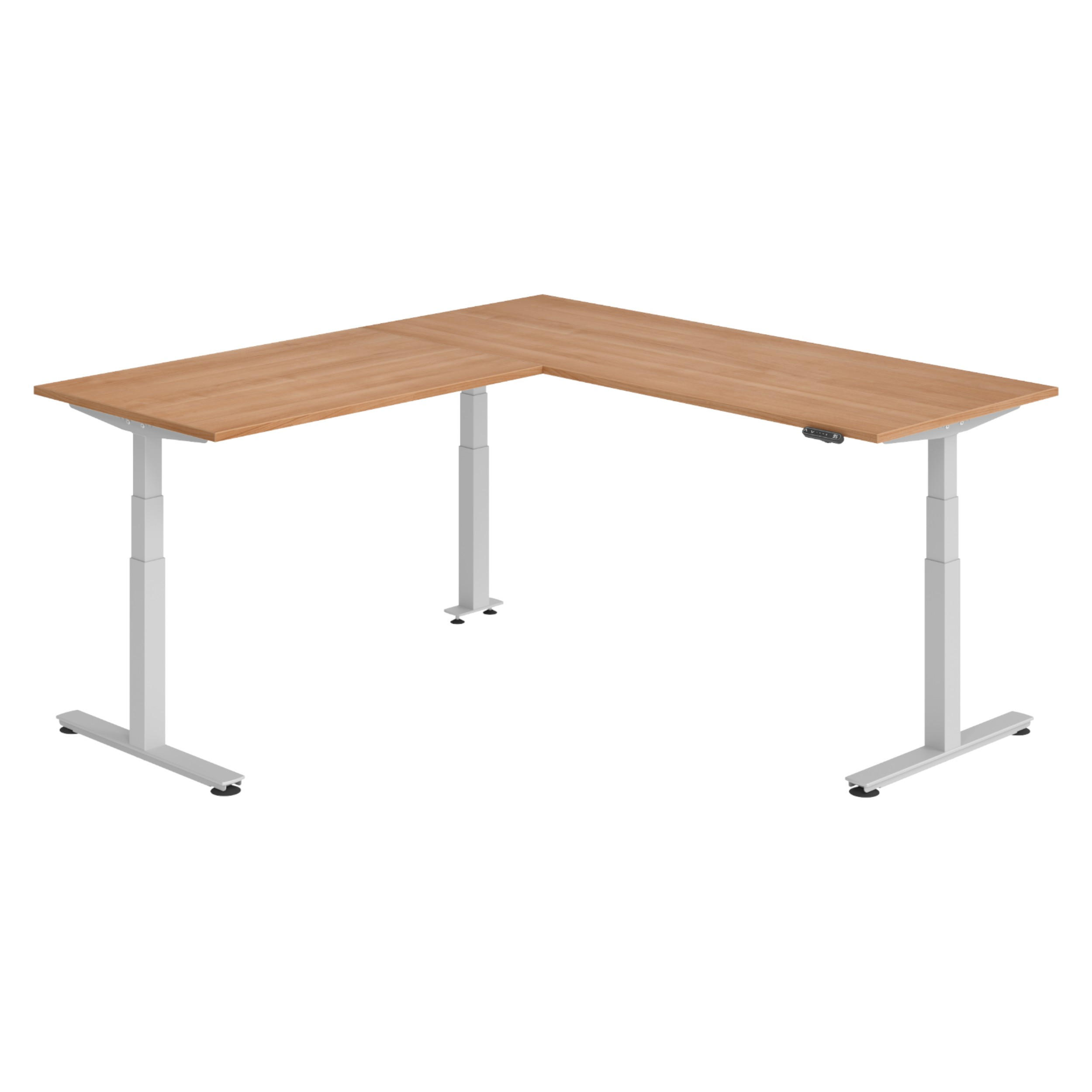 ECKSCHREIBTISCH elektrisch höhenverstellbar L-Form 220/200/74 cm in Nussbaumfarben/Silberfarben - Silberfarben/Nussbaumfarben, Holzwerkstoff (220/200/74cm) - bümö
