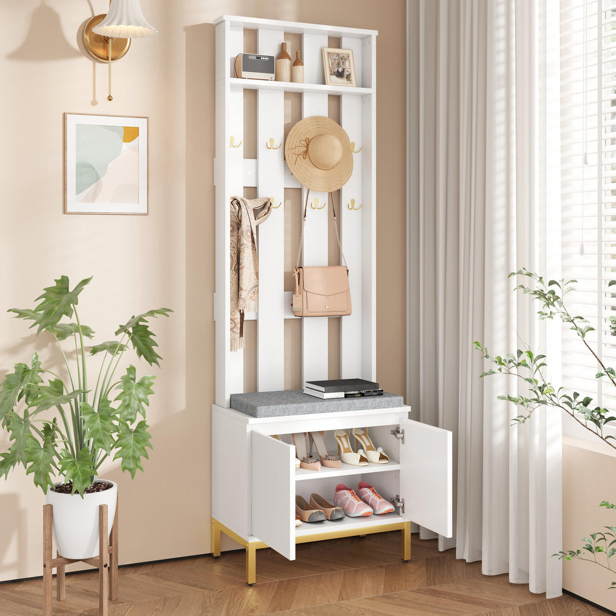 GARDEROBENBANK Weiß mit Schuhschrank und LED - Weiß, Holzwerkstoff (60/191.5/35.5cm) - FLIEKS
