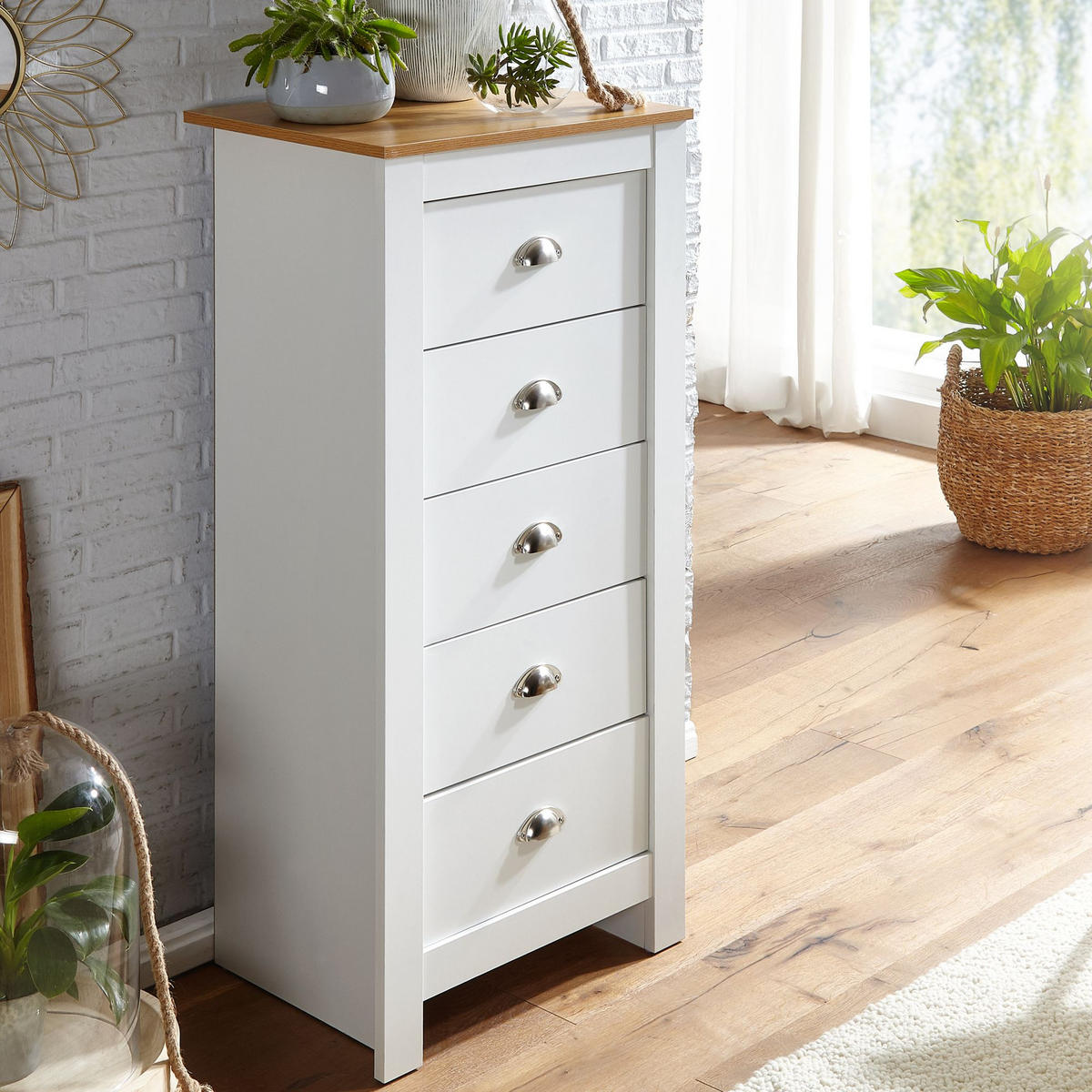 KOMMODE – Eiche/Weiß, 5 Schubladen, melaminbeschichtet - Weiß, Holz/Metall (53/114/39cm) - KADIMA DESIGN