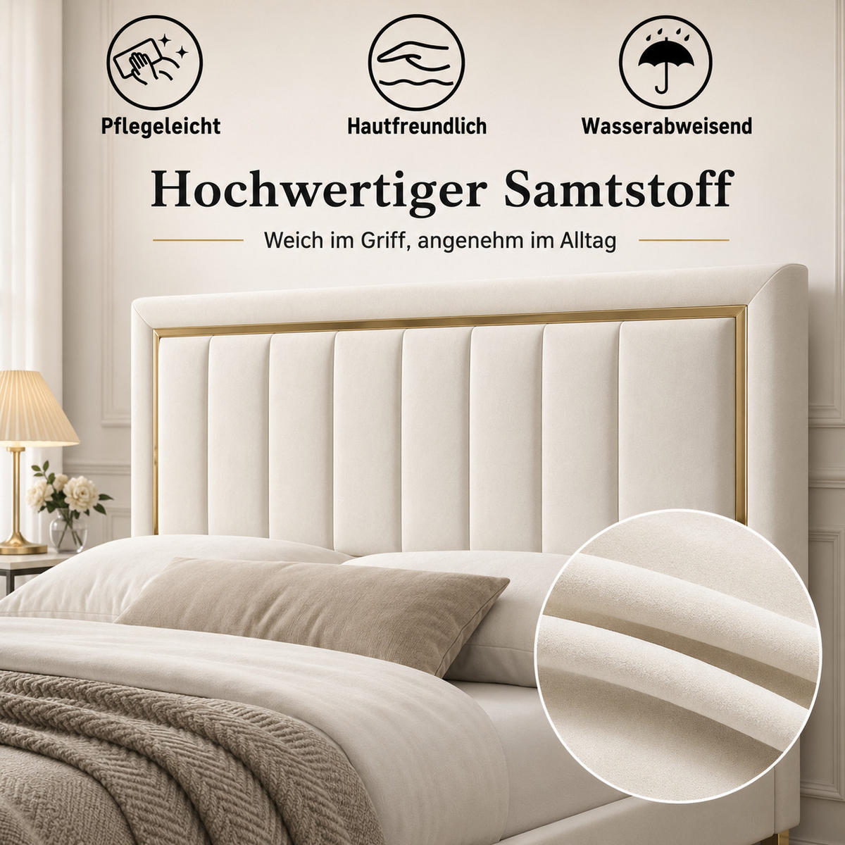 POLSTERBETT 180/200 Creme mit Stauraum, vergoldeter Zierleiste, höhenverstellbares Kopfteil & Gasdruckfeder - Creme, Holz/Metall (180/200cm) - Joyfair
