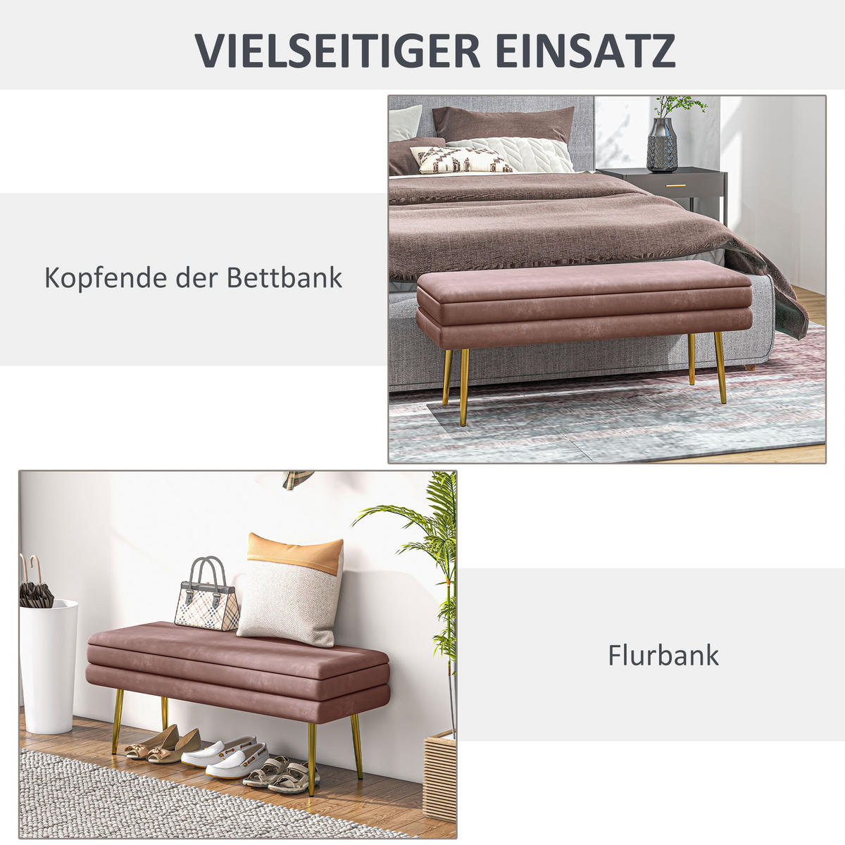 SITZBANK, Polsterbank mit Stauraum, Samtoptik, Bettbank mit Stahlbeine, Rosa - Rosa, Kunststoff (37.5/42/100cm) - HOMCOM