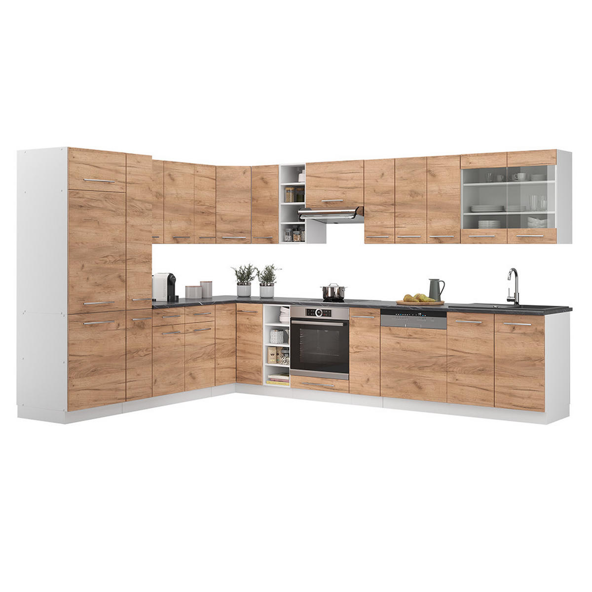 ECKKÜCHE Fame-Line Goldkraft Eiche/Weiß 347 x 257 cm ohne AP - Eiche Wotan/Weiß, Holzwerkstoff (347/81.6/46cm) - Vicco