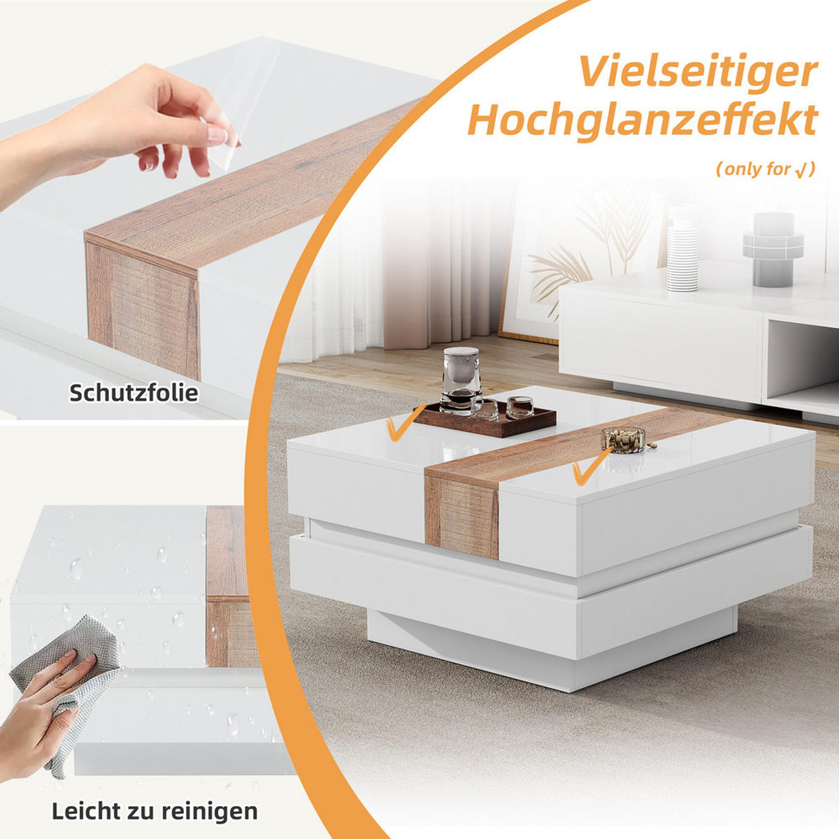 COUCHTISCH 70x70cm Weiß Hochglanz Ausziehbar Quadratisch Stauraum Trennwand - Weiß, Holz (83.82/80.01/15.24cm) - FLIEKS