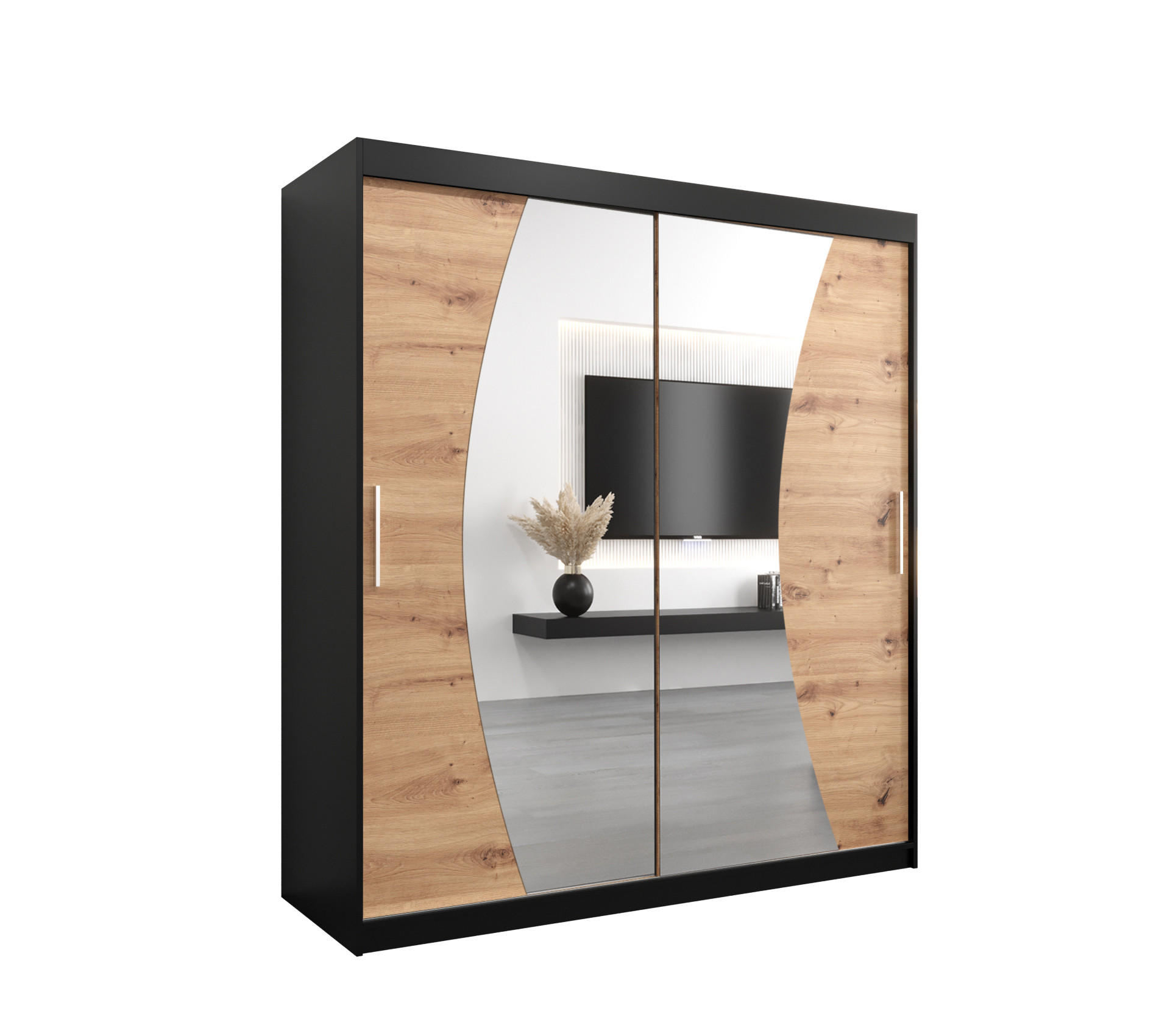 Abiks Möbel Schwebetürenschrank Schwarz, Eiche Artisan 180x200x62 cm