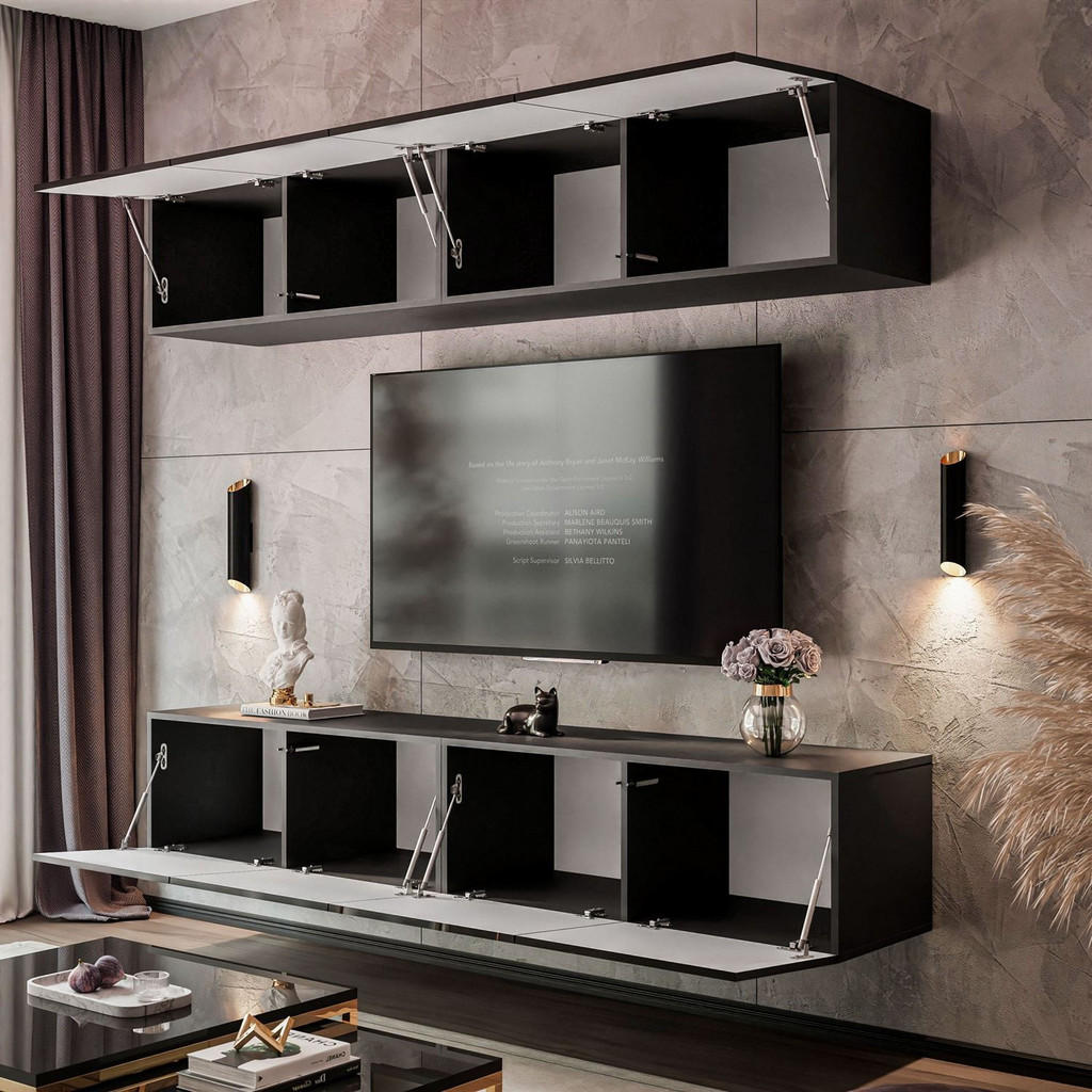 Thumbnail - Lookway Hängende, Schwarz Hochglanz, Holzwerkstoff, Uni, Rechteckig, 200x36x40 cm, Wohnzimmer, Wohnwände, Wohnwand-Sets