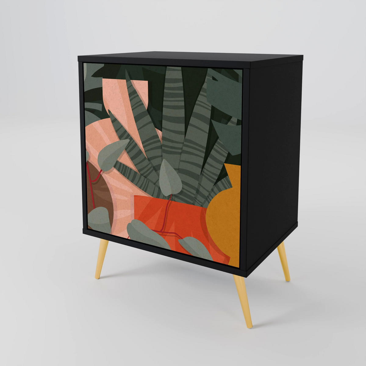SIDEBOARD TROPICAL COMPOSITION, Schwarz, 57,5x42x72,5 cm, Schwarze Metallfüße - Multicolor/Schwarz, Holzwerkstoff/Metall (57.5/72.5/42cm) - SpaceRebels