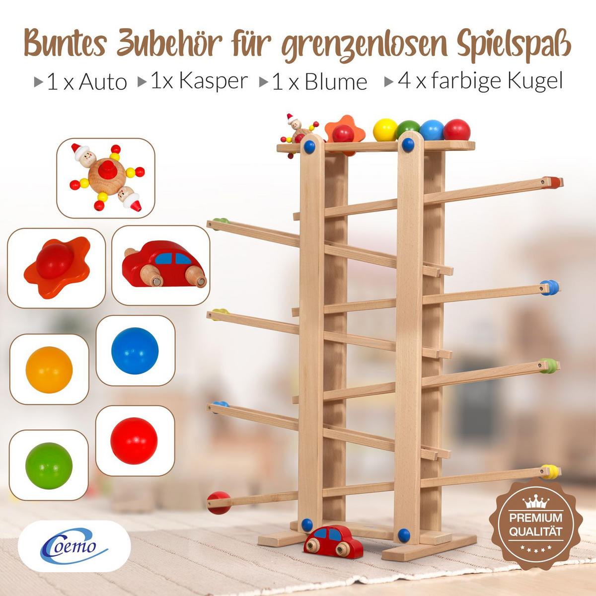 KUGELBAHN XL Holz Natur mit 7 Roll Elementen - Naturfarben, Holz (26/70cm) - Coemo