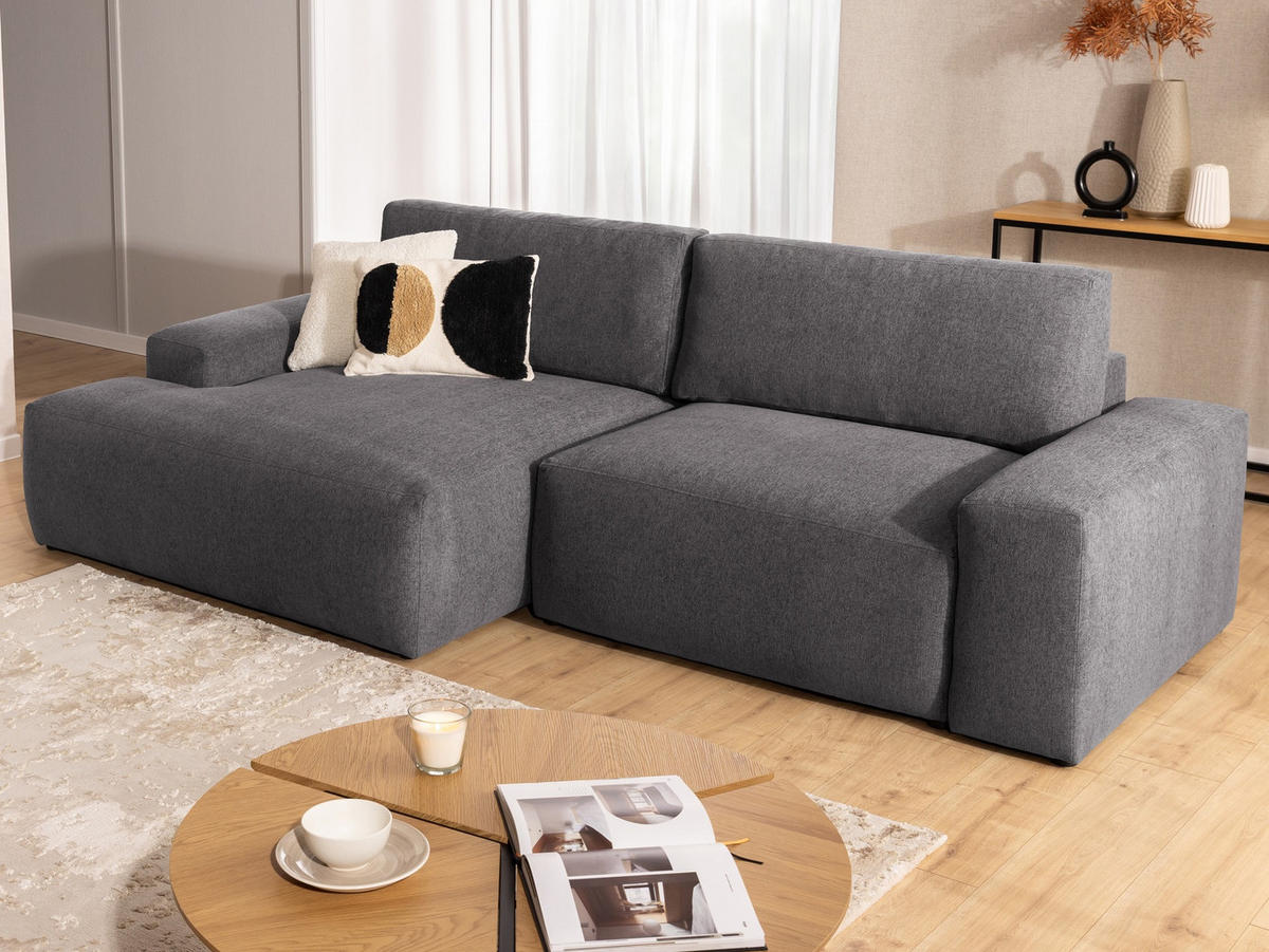 ECKSOFA Lennon aus Graphit Strukturstoff mit Schlaffunktion und Bettkasten - Graphitfarben/Schwarz, Holz/Kunststoff (137/264cm) - S-Style