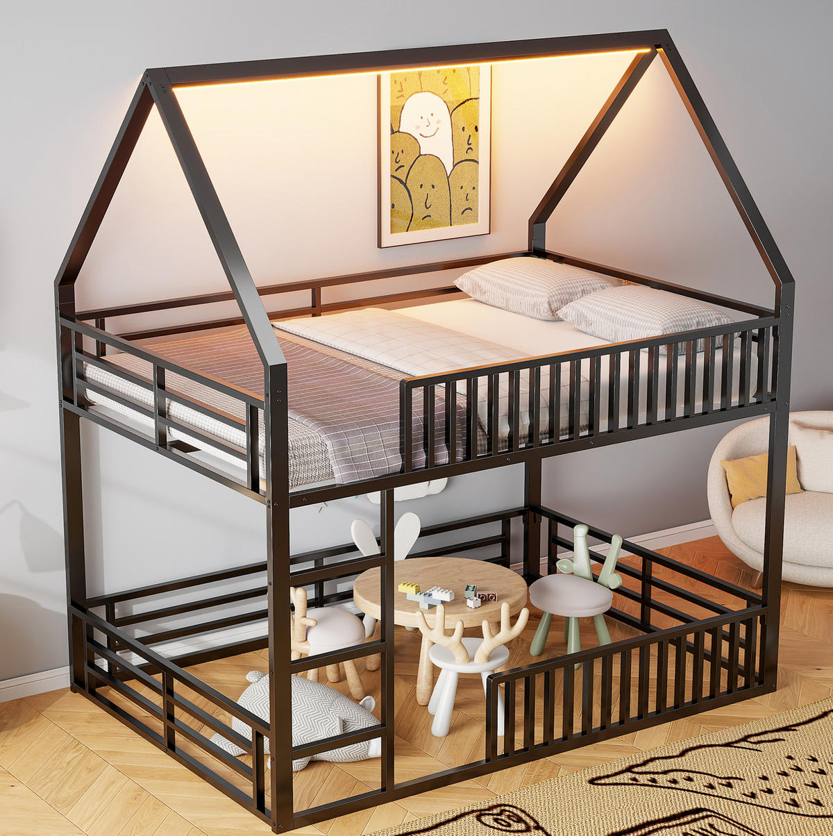 ETAGENBETT 140/200 cm mit Zaun, LED-Beleuchtung und Hausdach, Metall, Schwarz - Schwarz, Metall (140/200cm) - Redom