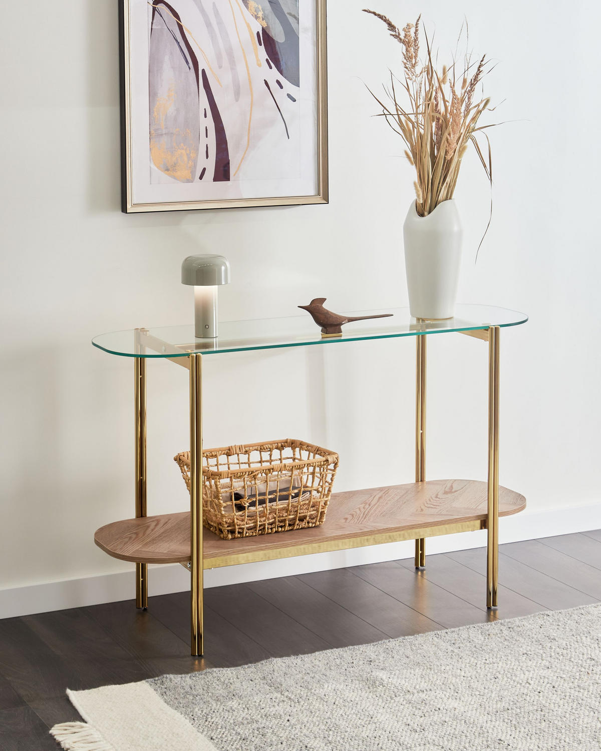 KONSOLENTISCH Gold/Heller Holzfarbton Lovell - Hellbraun/Goldfarben, Metall (41/120/76cm) - Beliani