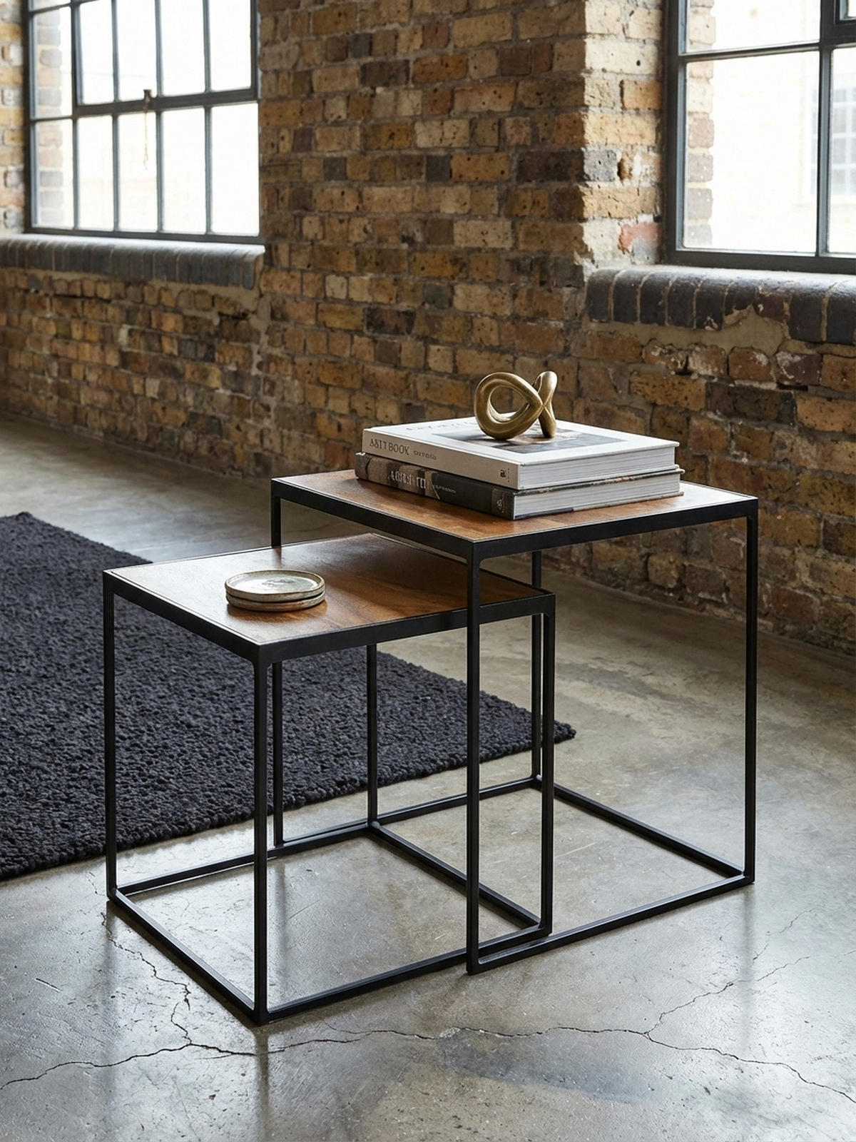 BEISTELLTISCH Set – 2-teilig Mango Massivholz Metall Braun Schwarz Industrial - Schwarz/Braun, Holz/Metall (40/40/44cm) - KADIMA DESIGN