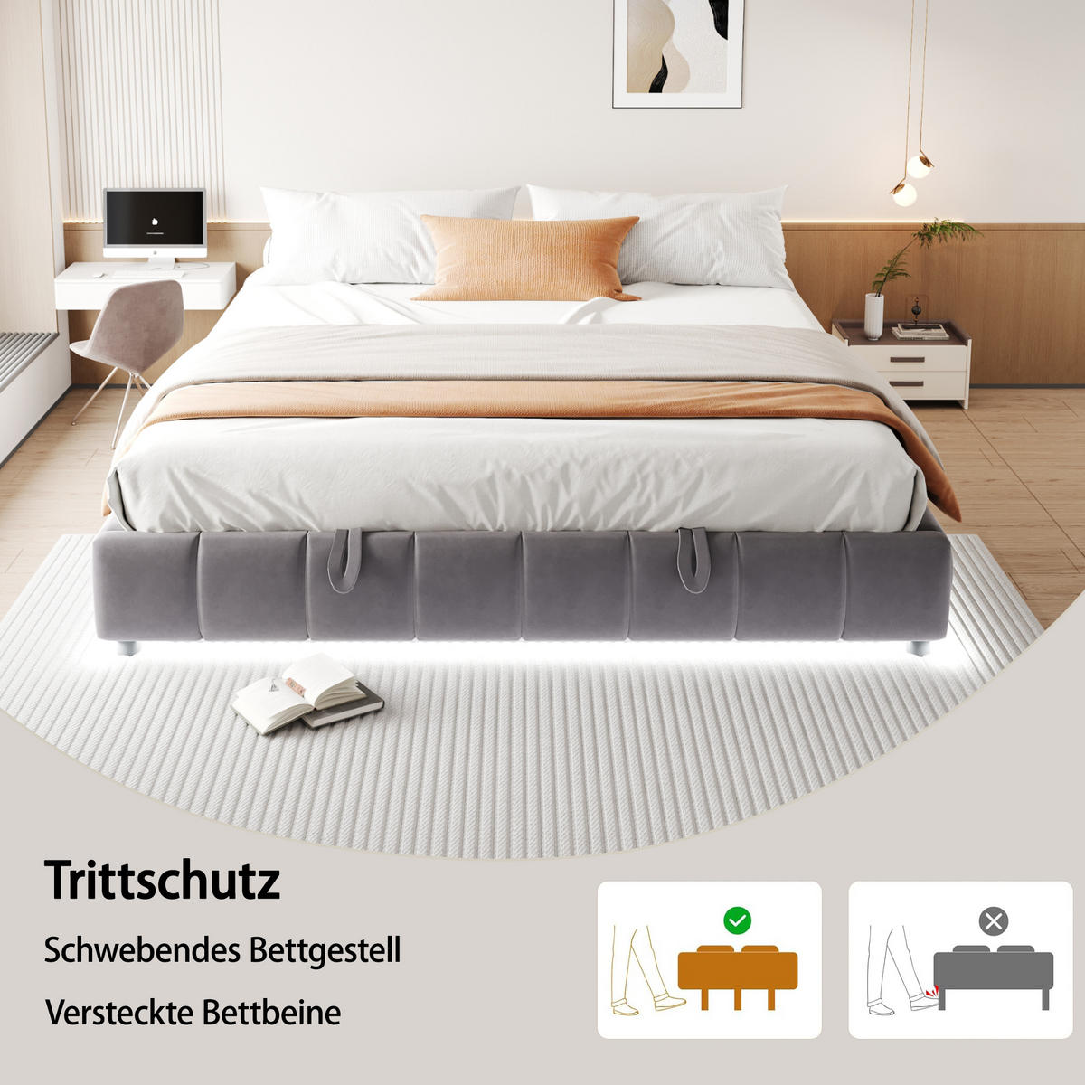 POLSTERBETT 180/200 cm in Grau Samt mit Bettkasten und LED - Grau, Holzwerkstoff/Textil (180/200cm) - WISHDOR